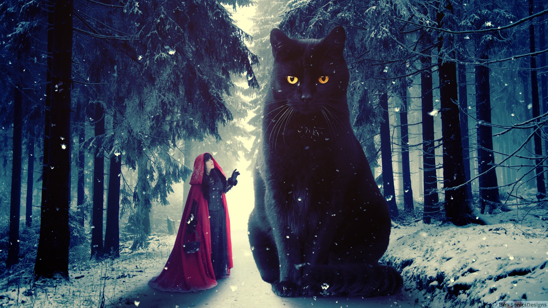 783027 завантажити картинку фантазія, червона шапочка, кішка, гігант, сніг, снігопад, зима - шпалери і заставки безкоштовно