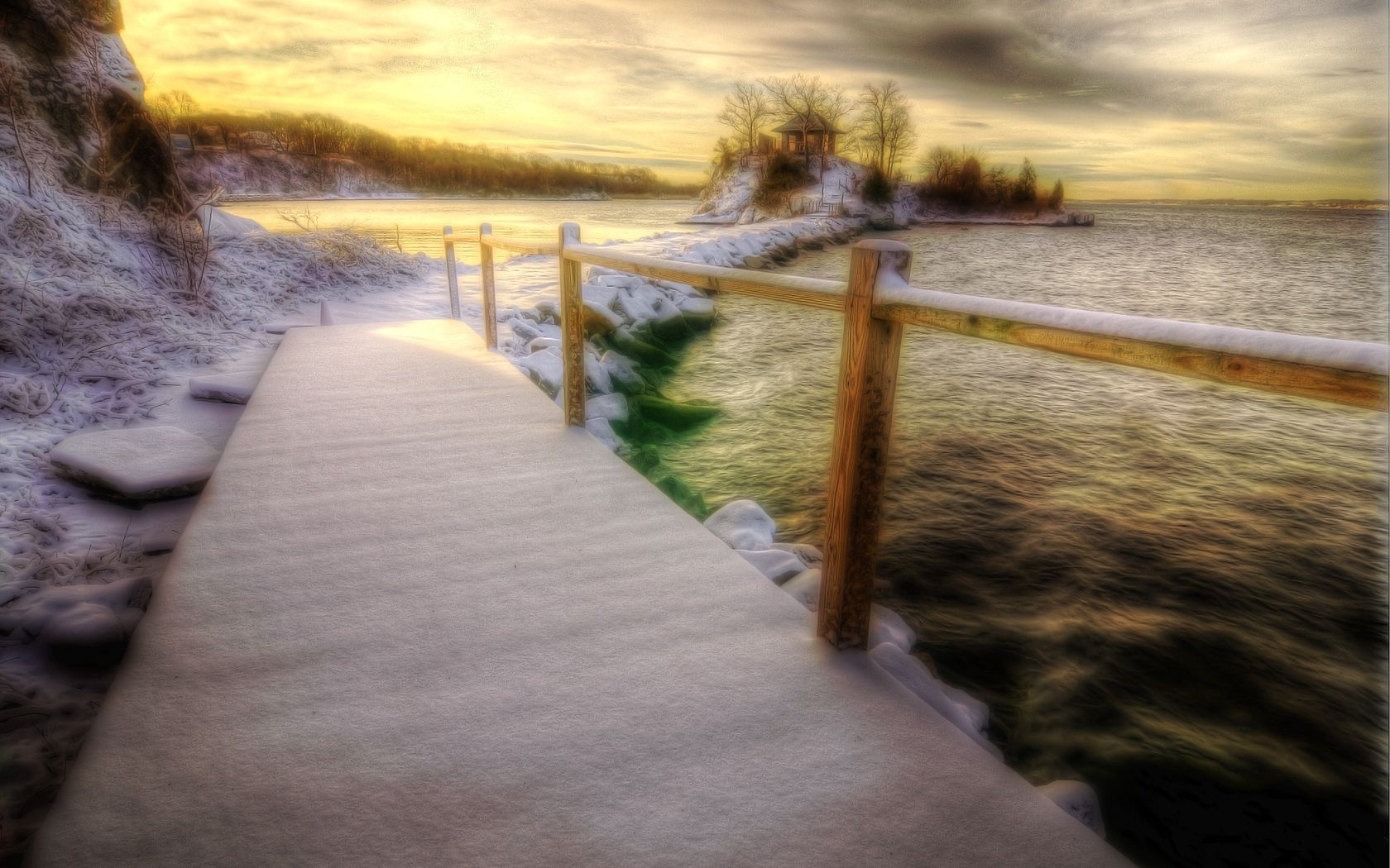winter, nature, sea, snow, bridge, railings, handrail HD wallpaper
