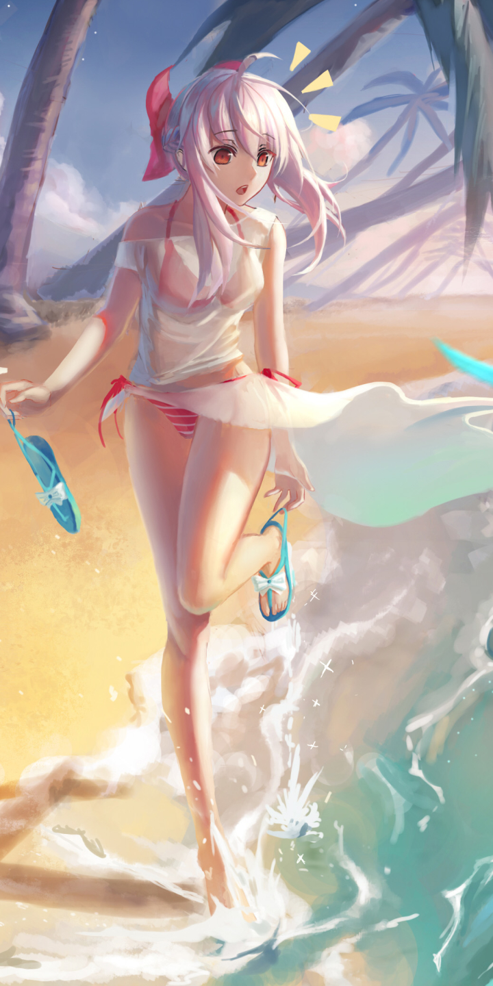 Download mobile wallpaper Anime, Water, Beach, Pink Hair, Red Eyes, Bikini, Seraph Of The End for free.
