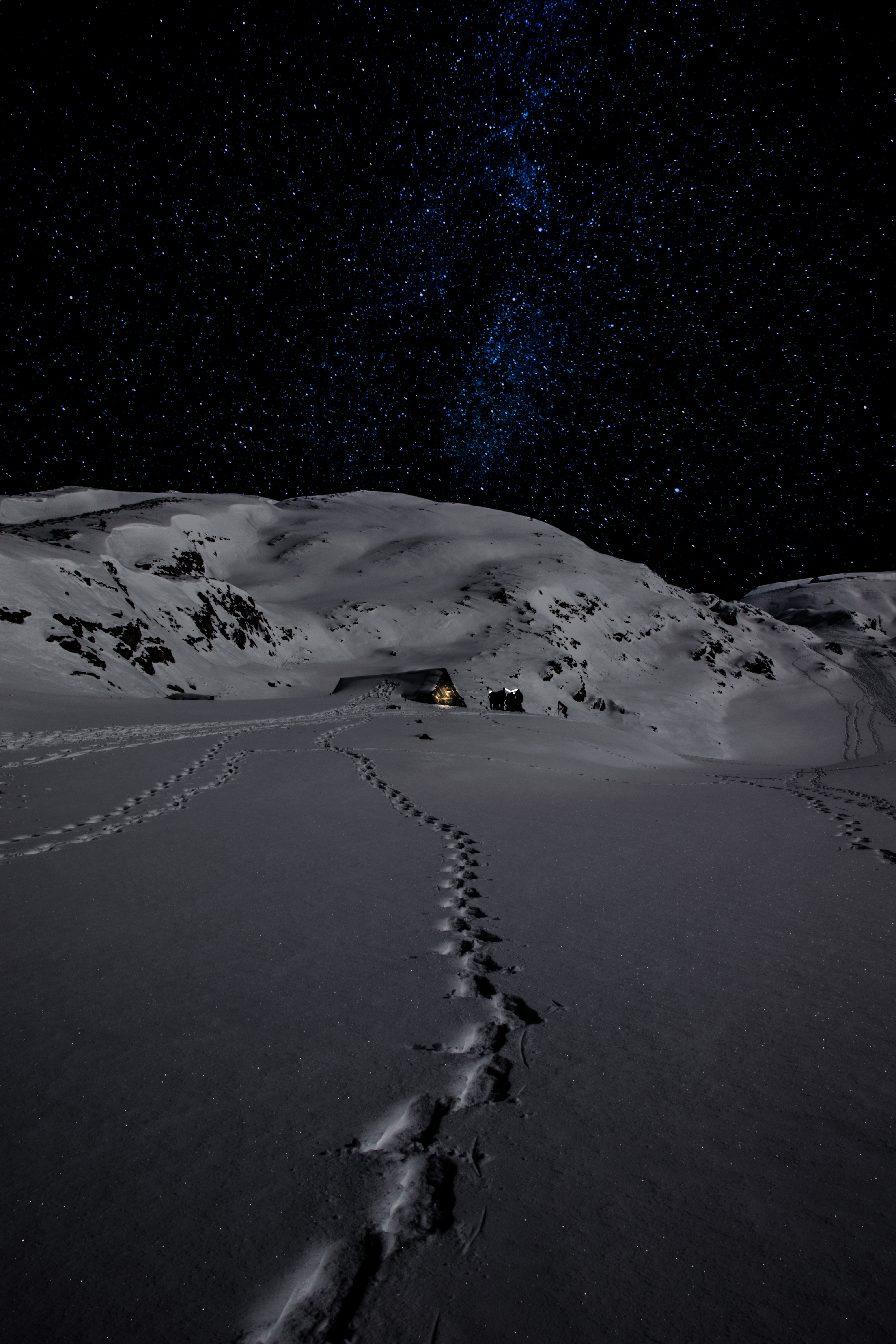 snow, winter, night, nature, mountains, traces Full HD