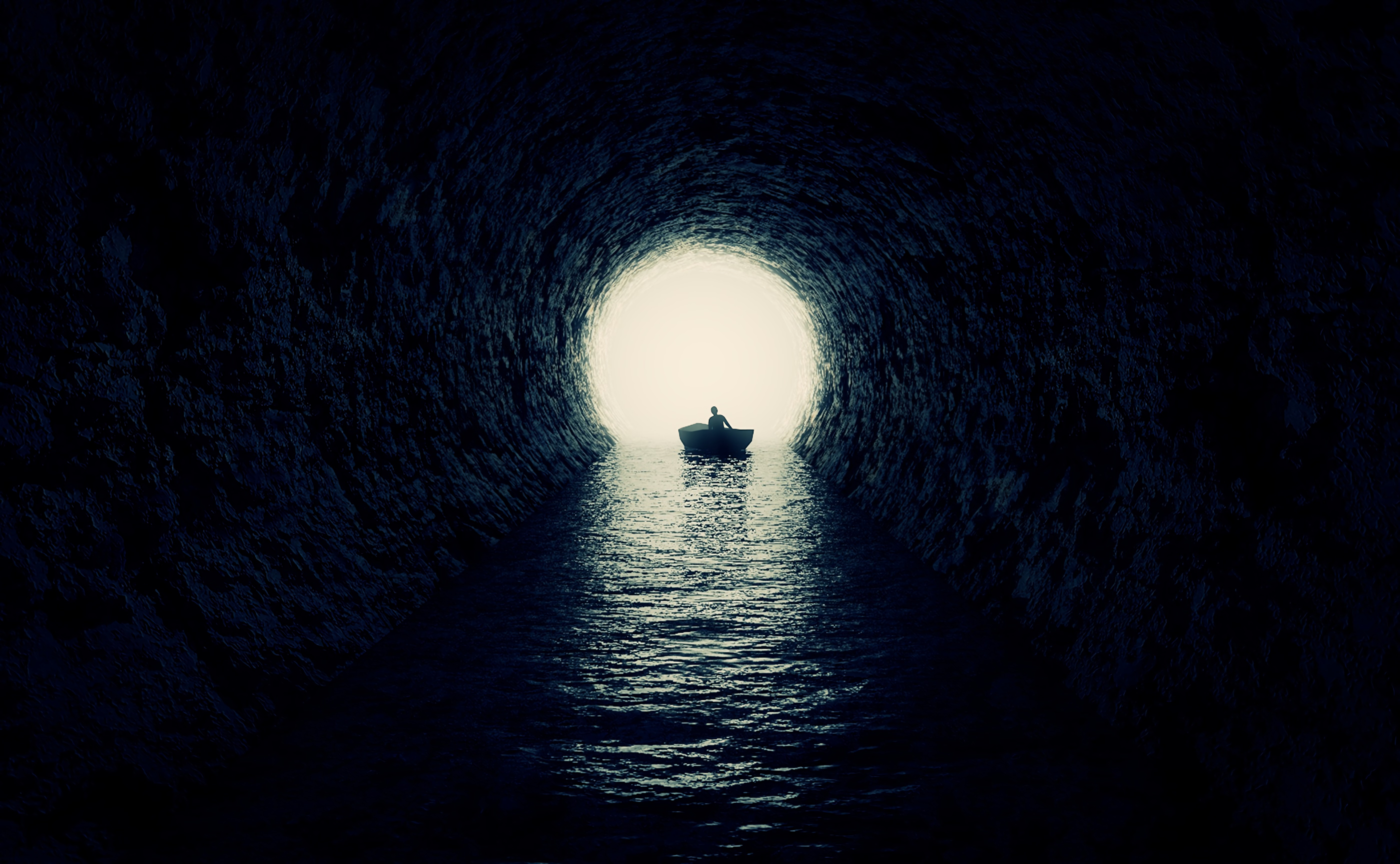 silhouette, boat, cave, dark, water, darkness