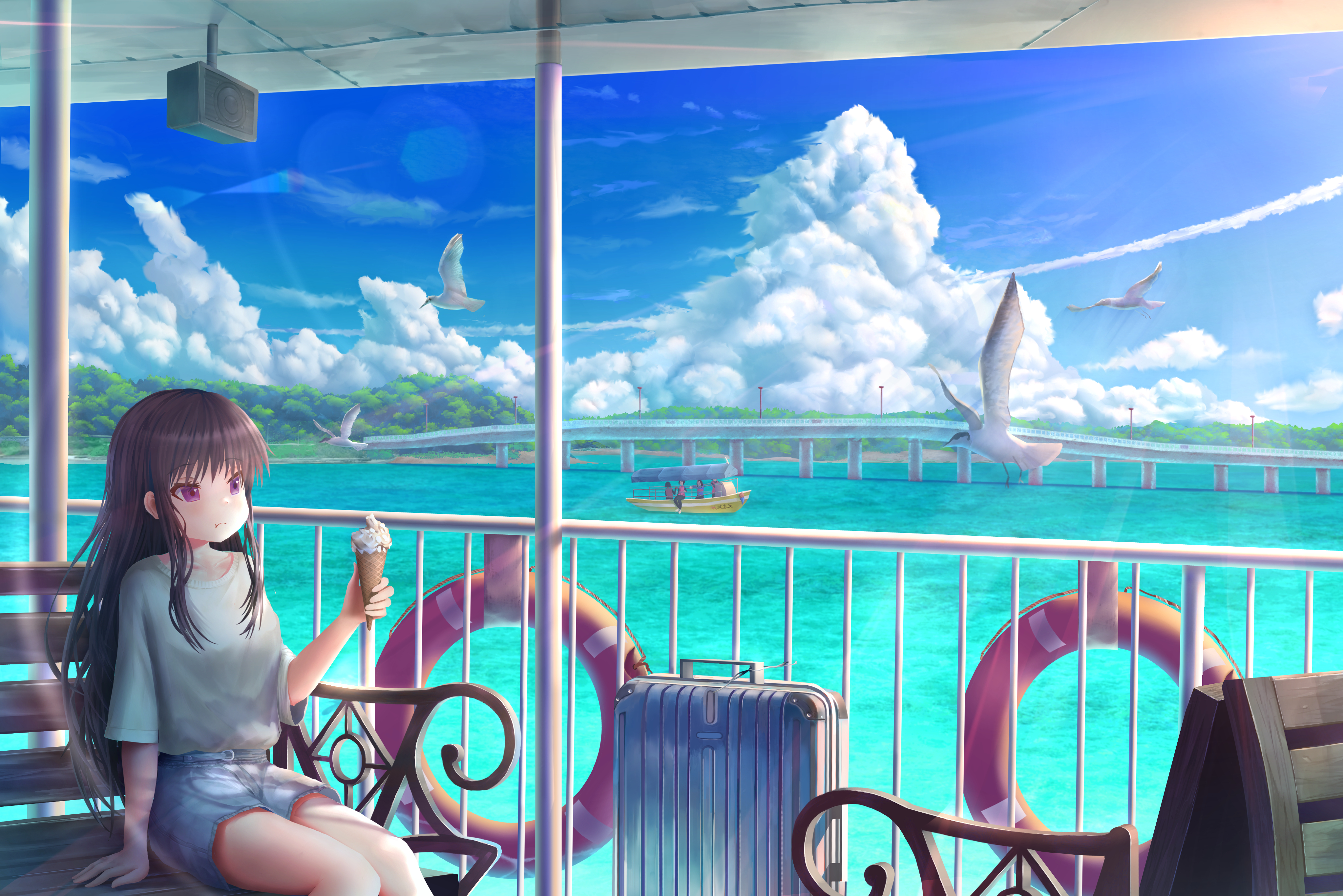 Download mobile wallpaper Anime, Sky, Sea, Bird, Girl, Cloud, Long Hair for free.