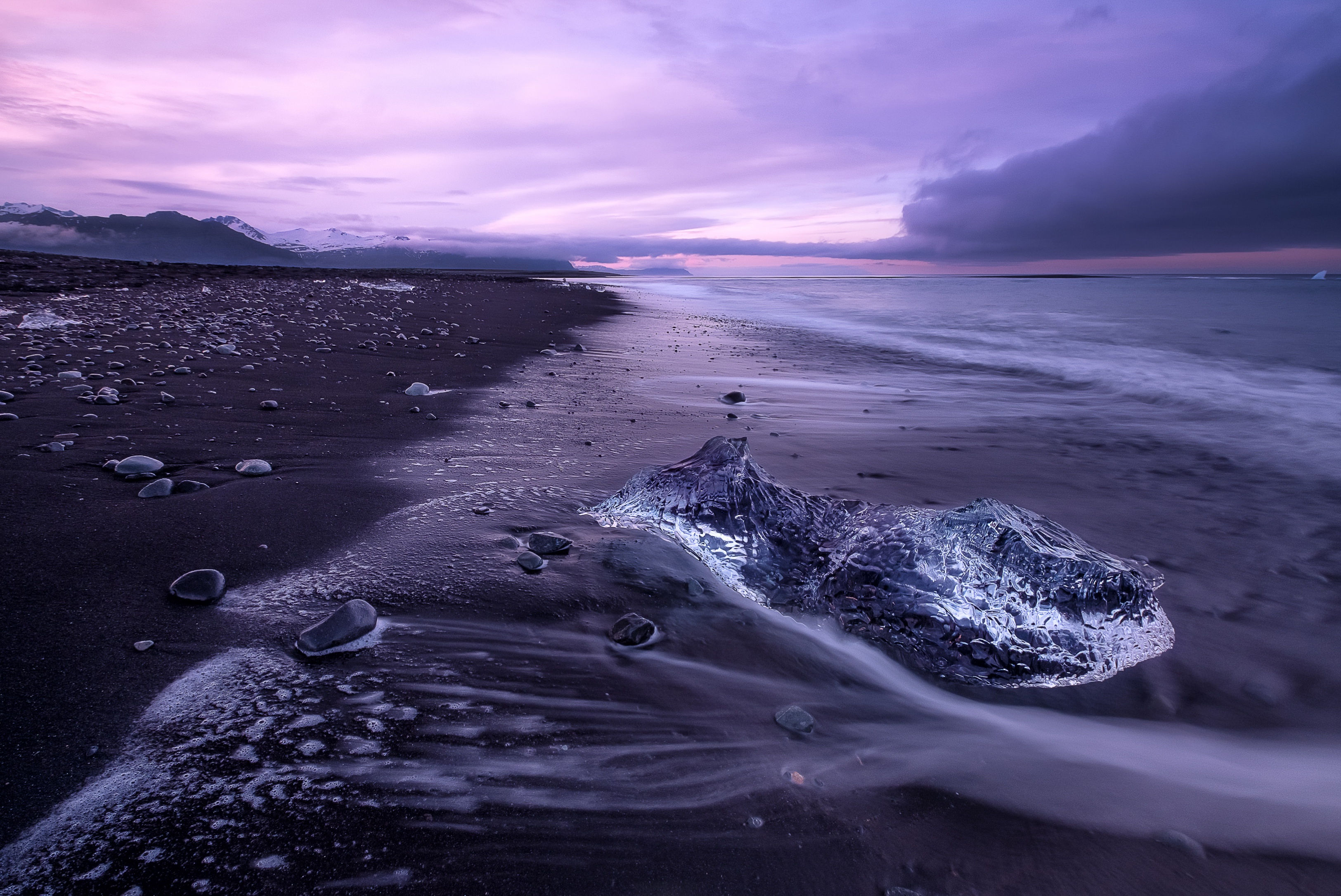 Download mobile wallpaper Nature, Sky, Ice, Beach, Sand, Horizon, Ocean, Earth, Purple for free.