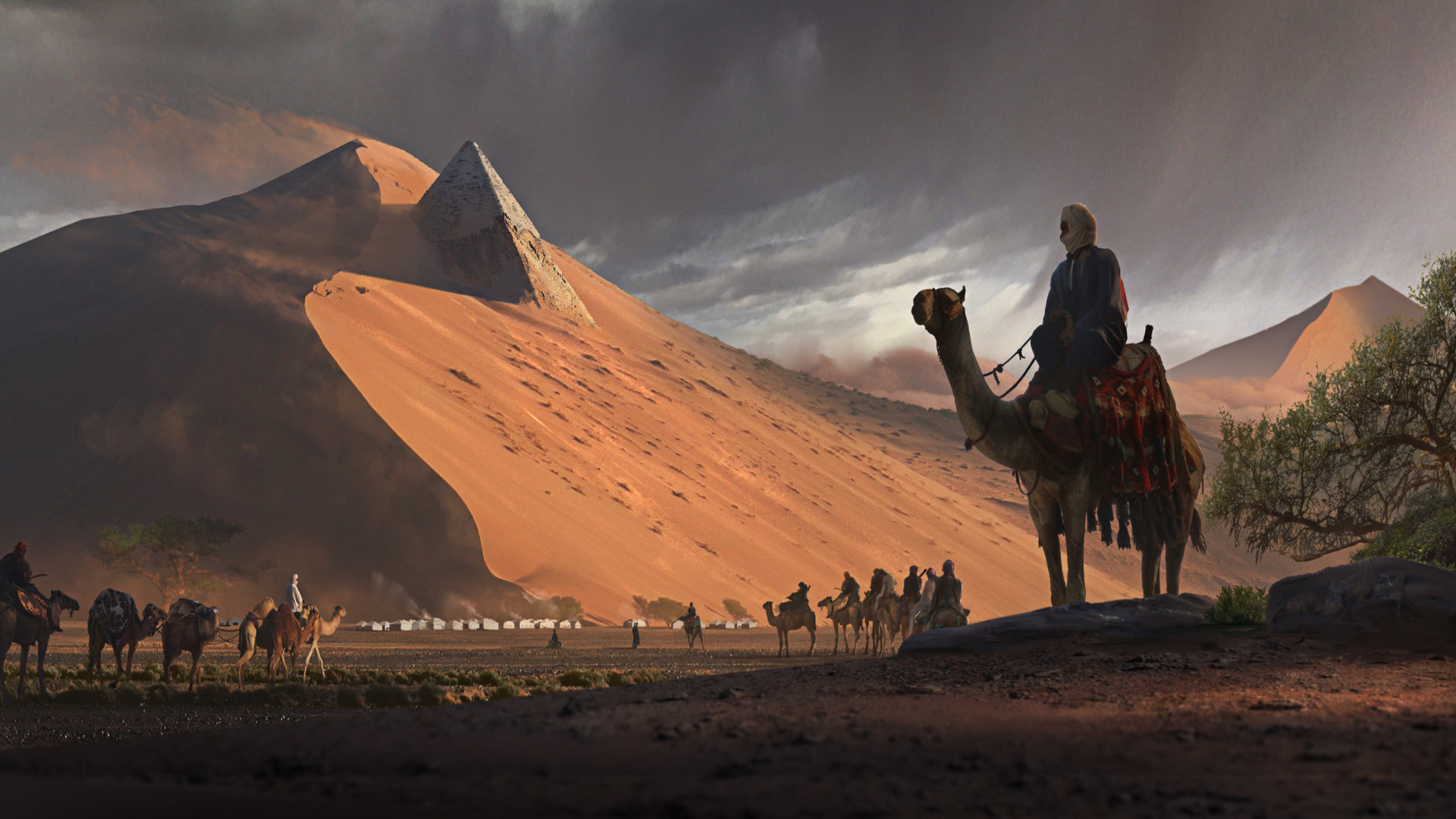 953175 Hintergrundbild herunterladen fantasie, landschaft, kamel, wohnwagen, steppe, düne, sand - Bildschirmschoner und Bilder kostenlos