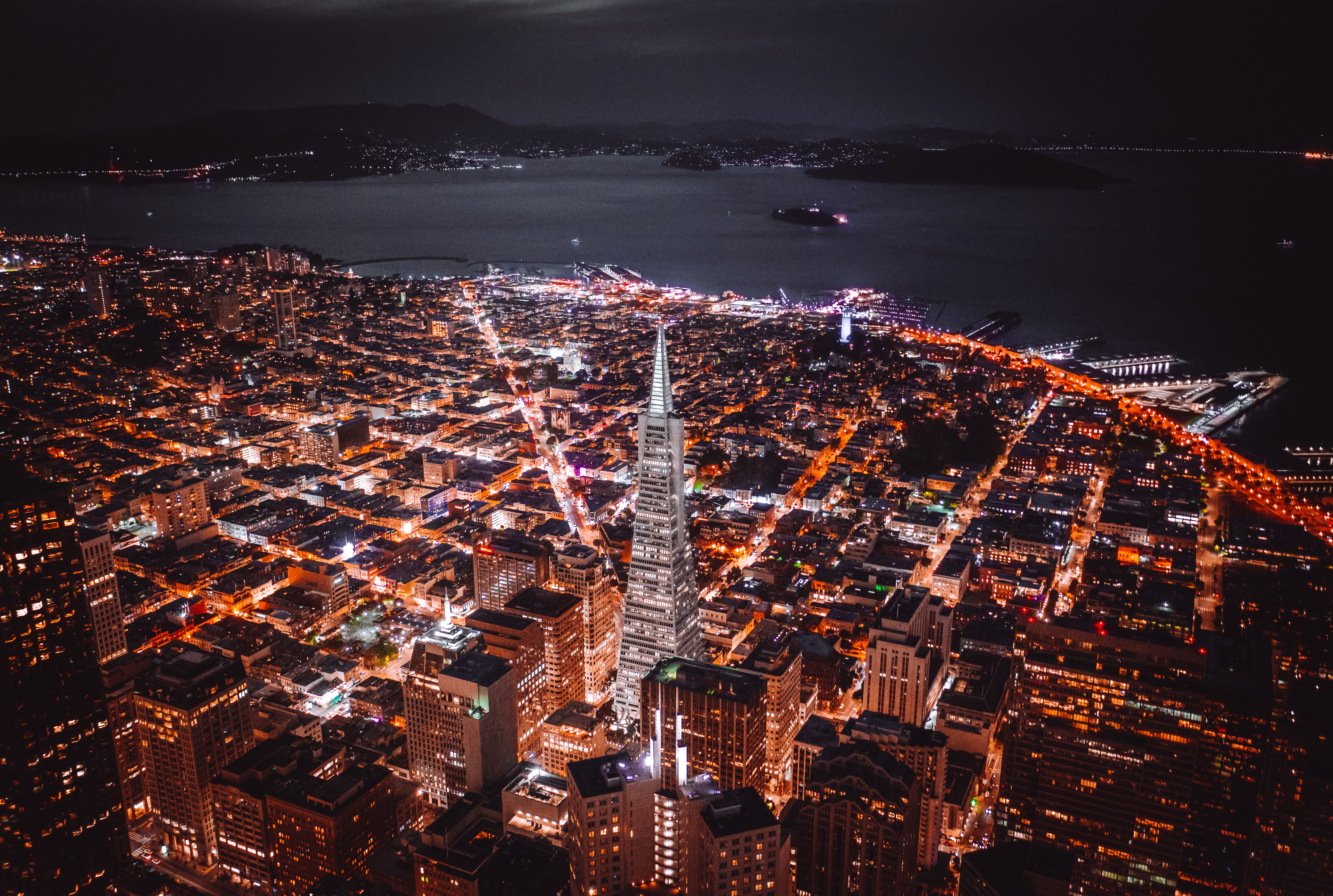 Скачать обои бесплатно Вид Сверху, Огни, Города, Побережье, Сан Франциско, Ночной Город, Архитектура, Здания картинка на рабочий стол ПК