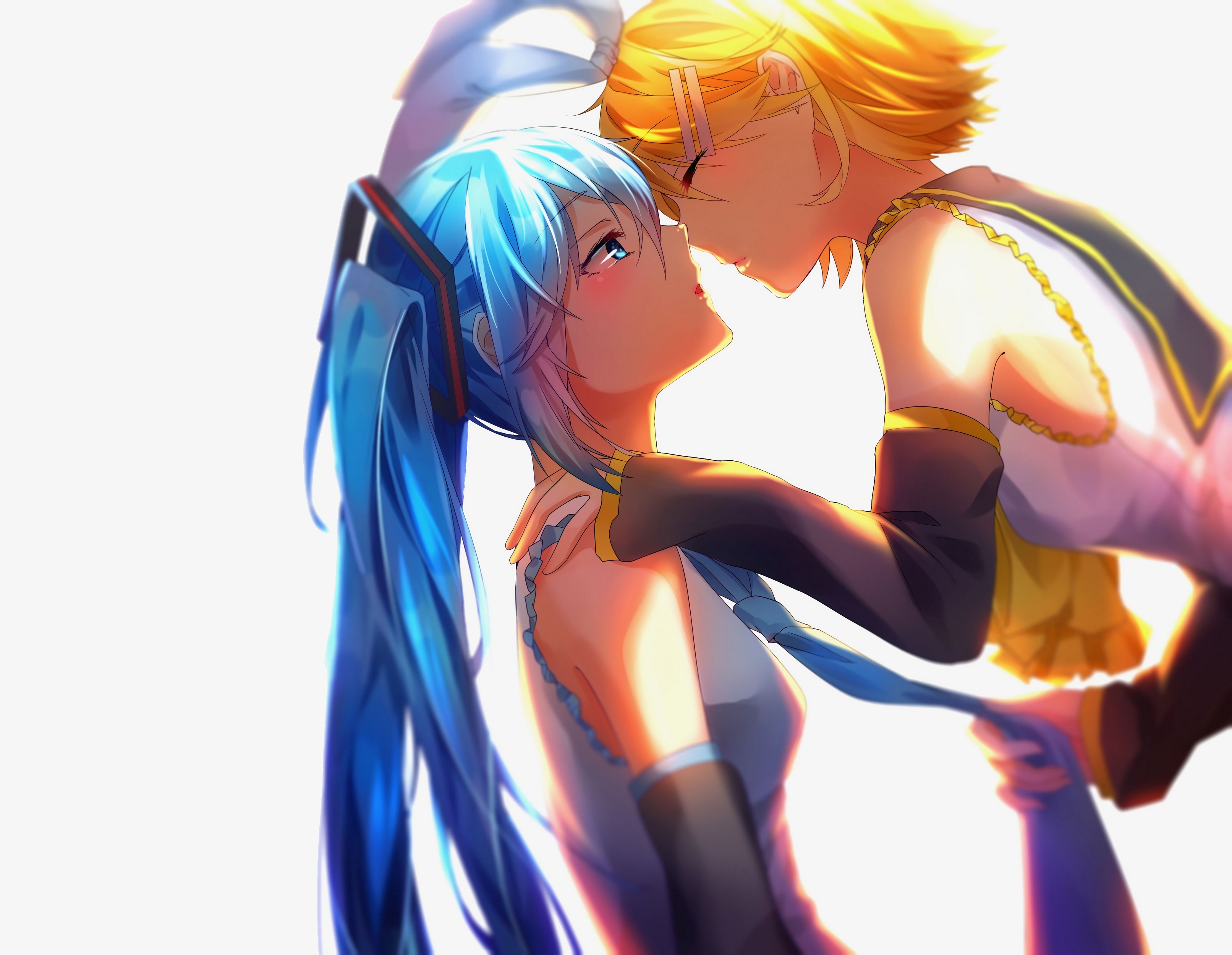 Download mobile wallpaper Anime, Blonde, Vocaloid, Yellow Eyes, Tie, Blue Eyes, Blush, Blue Hair, Hatsune Miku, Long Hair, Short Hair, Twintails, Rin Kagamine for free.