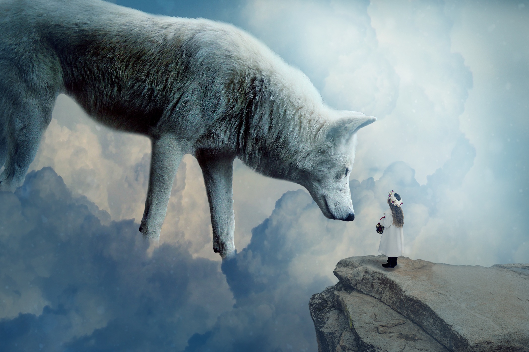 408584 завантажити шпалери фантазія, вовк, скеля, хмара, маленька дівчинка, білий вовк, фантазійні тварини - заставки і картинки безкоштовно