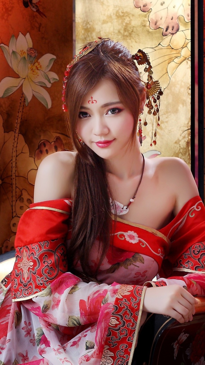 Download mobile wallpaper Floral, Dress, Brunette, Model, Women, Asian, Lipstick, Traditional Costume for free.