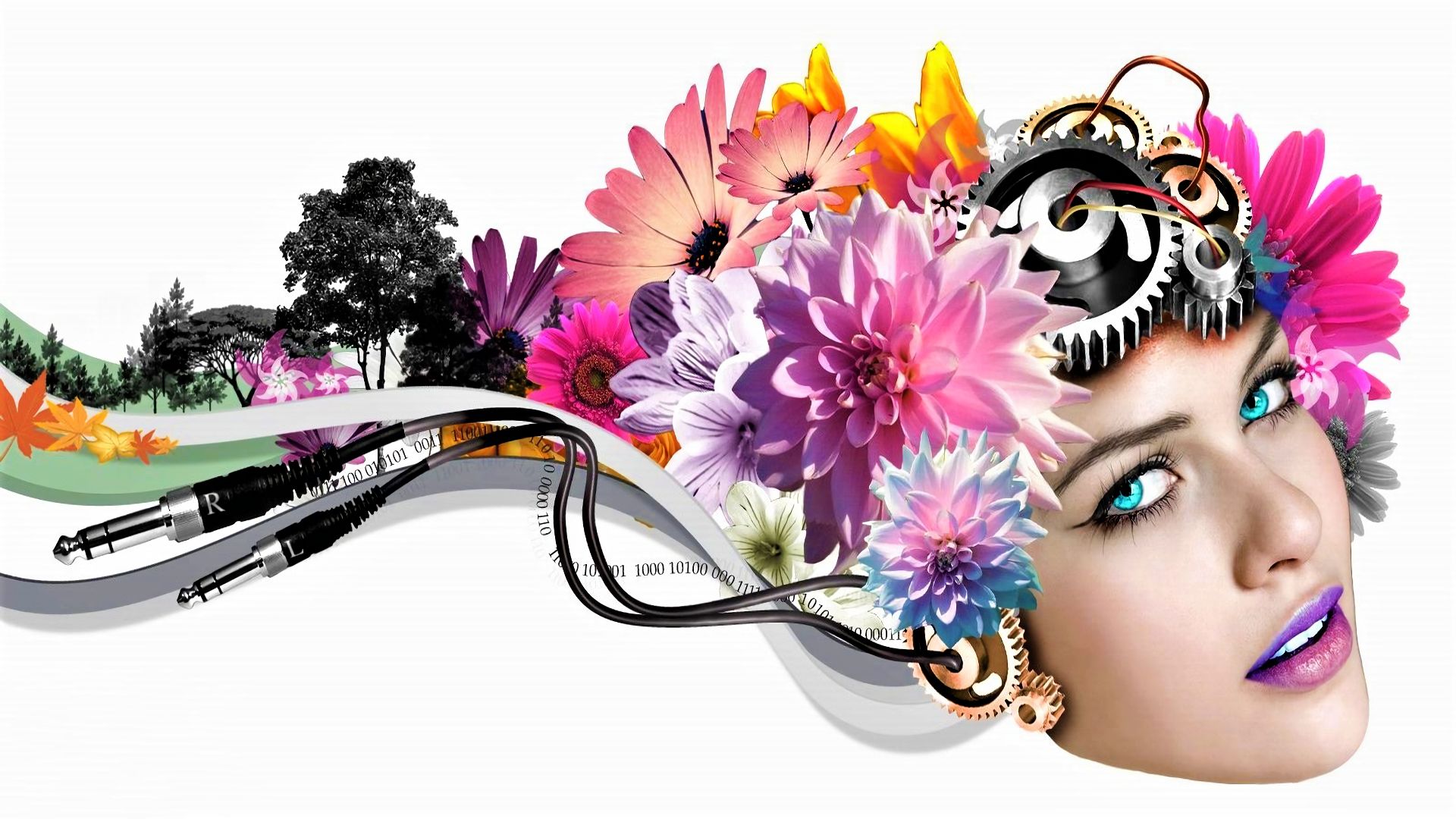 women, artistic, blue eyes, face, flower, gear, tree, vector