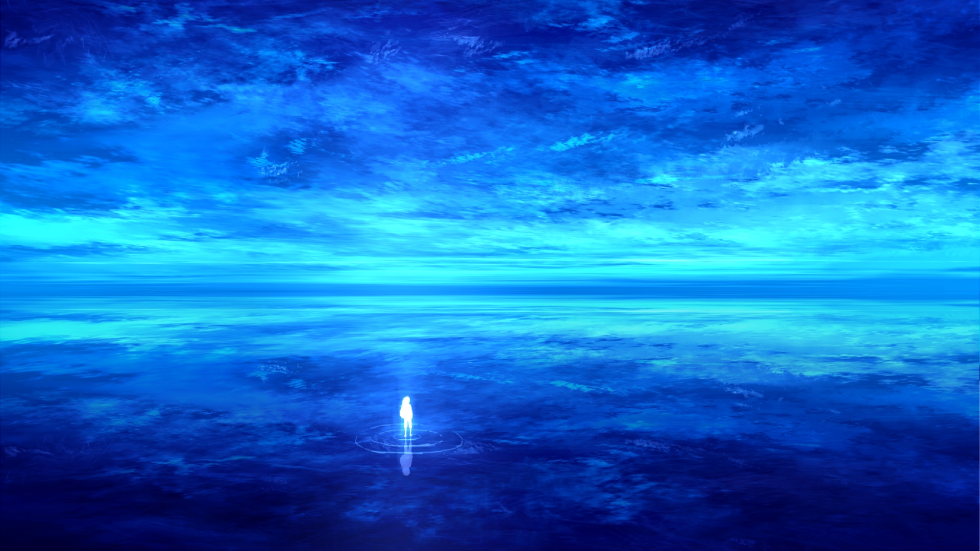Laden Sie das Horizont, Ozean, Original, Himmel, Animes, Spiegelung-Bild kostenlos auf Ihren PC-Desktop herunter