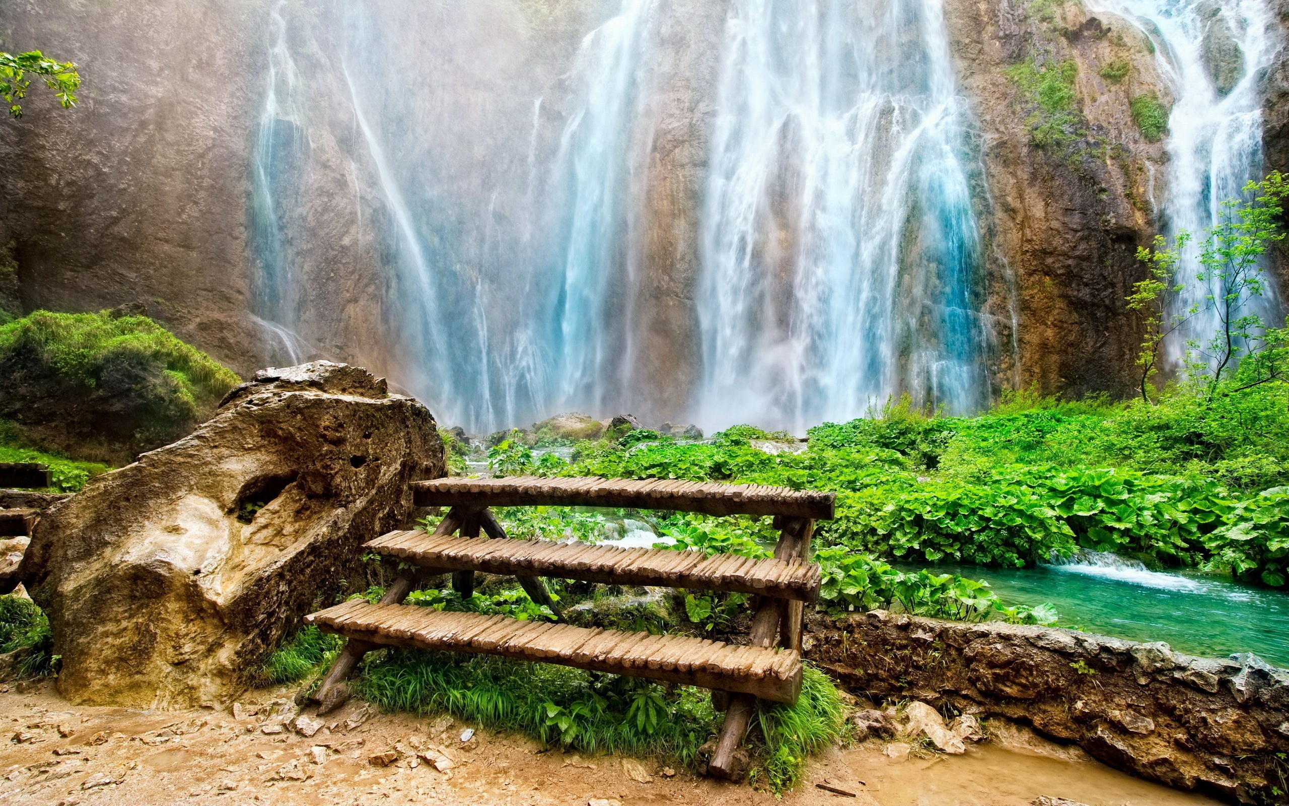earth, waterfall, nature, stairs, vegetation, water, waterfalls