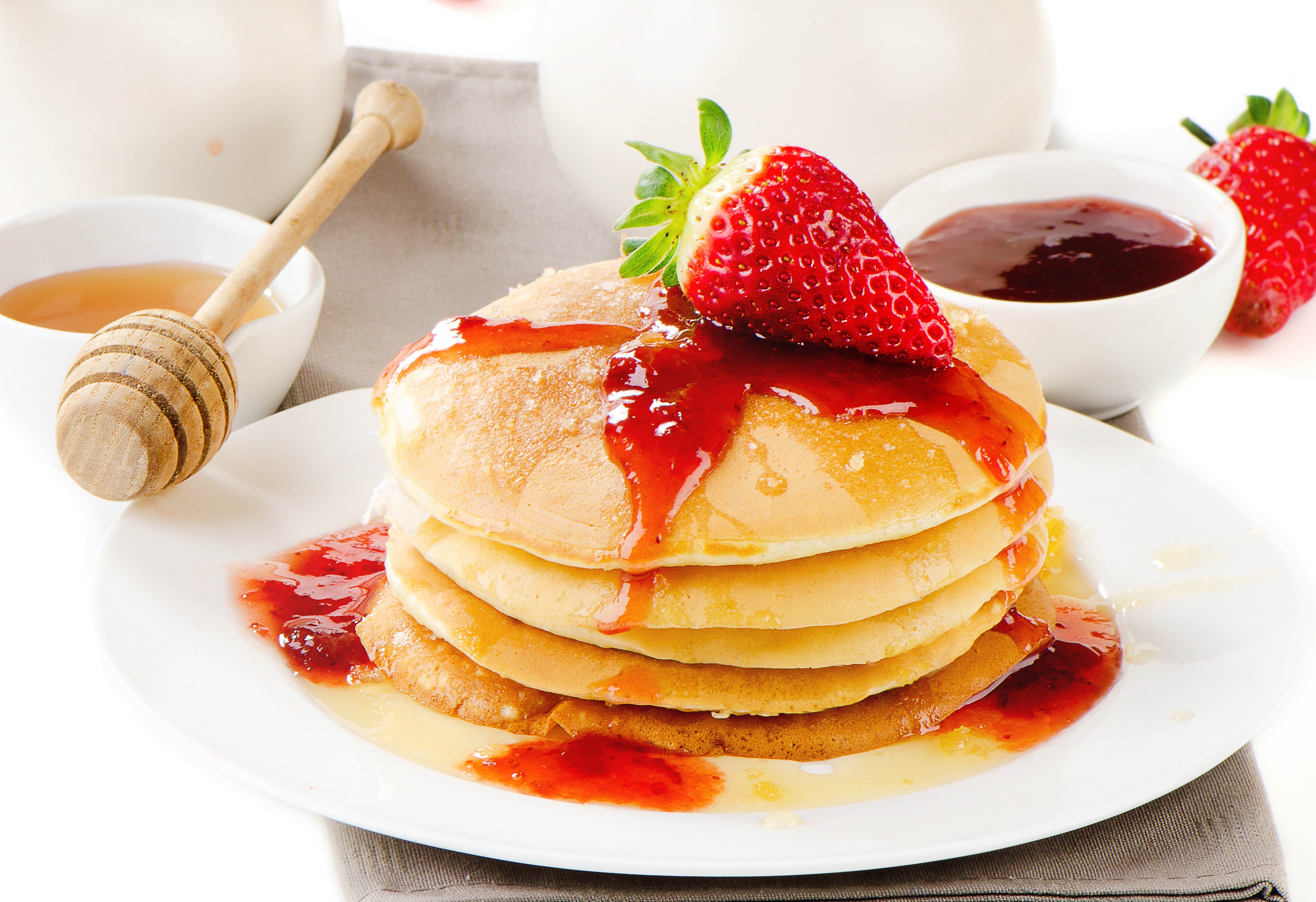 Download mobile wallpaper Food, Strawberry, Jam, Honey, Breakfast, Pancake for free.