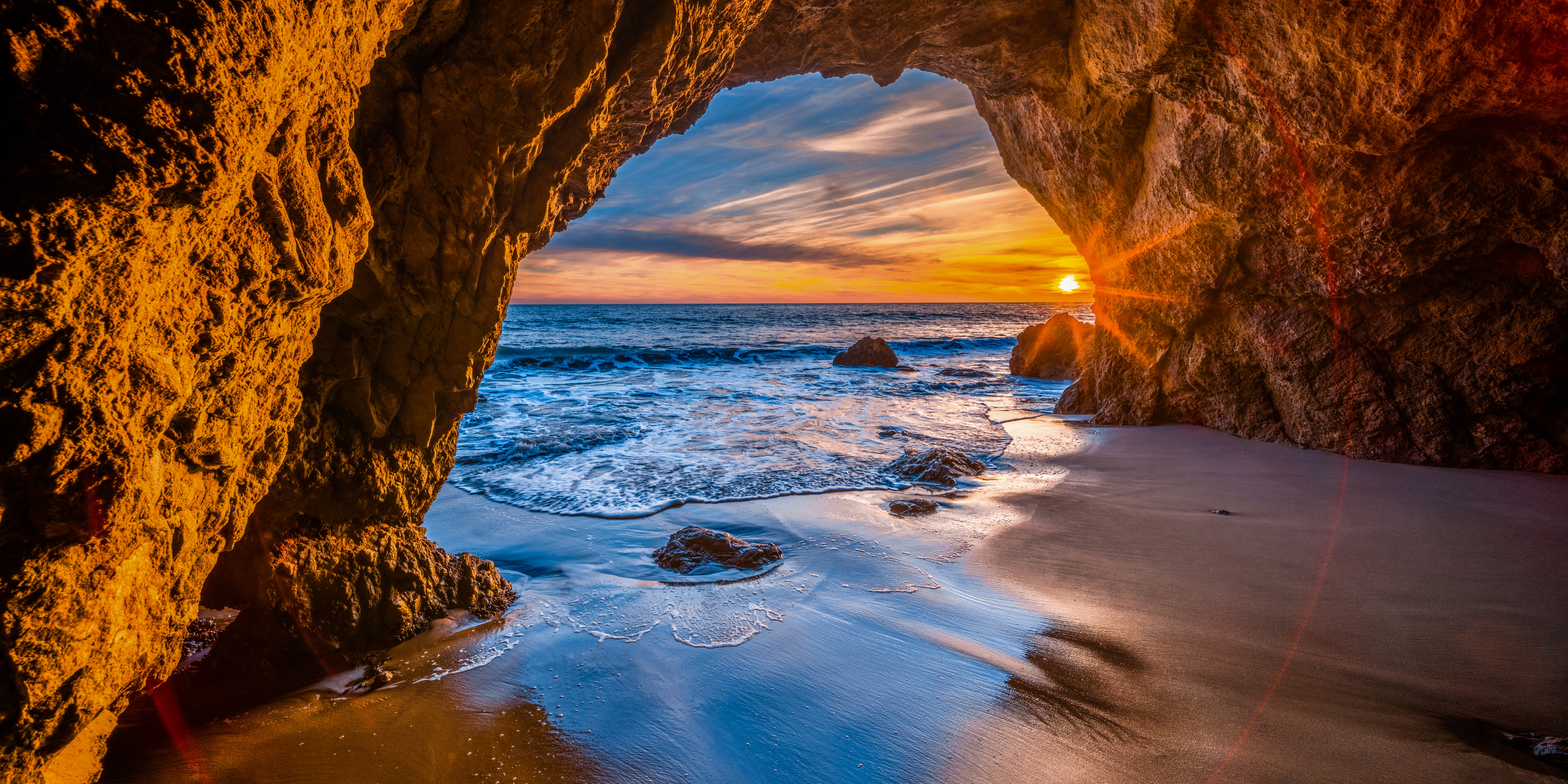 Free download wallpaper Horizon, Sunrise, Earth, Cave on your PC desktop