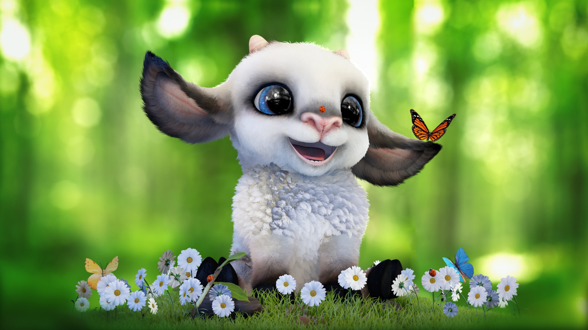 Laden Sie das Tiere, Schmetterlinge, Fantasie, Blume, Schaf, Fantasietiere-Bild kostenlos auf Ihren PC-Desktop herunter