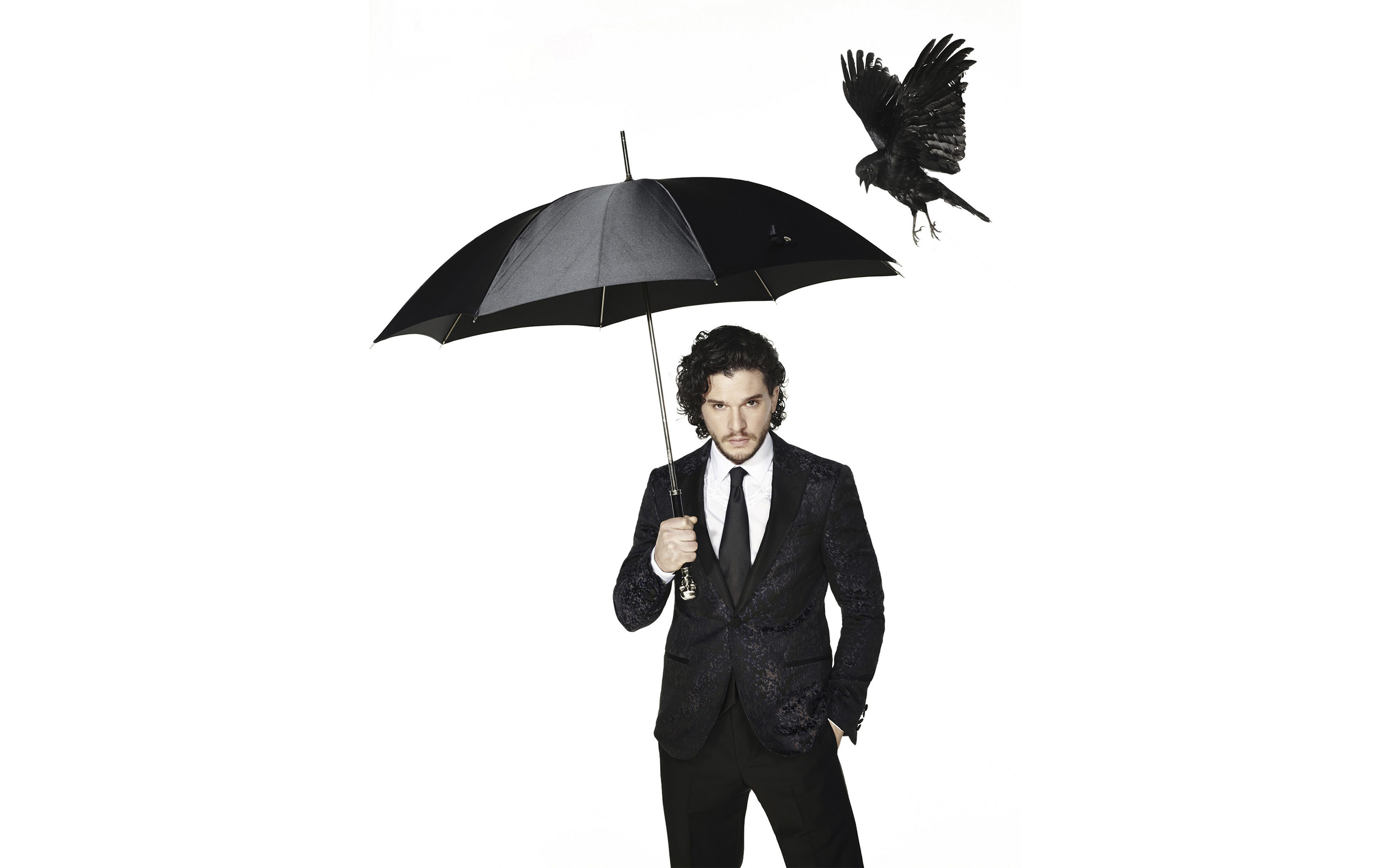 Free download wallpaper Bird, Umbrella, English, Crow, Suit, Celebrity, Actor, Kit Harington on your PC desktop