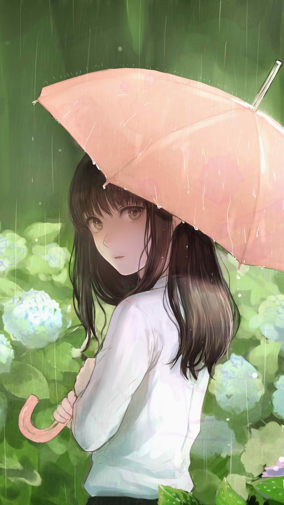 無料モバイル壁紙女の子, 雨, 傘, アニメをダウンロードします。