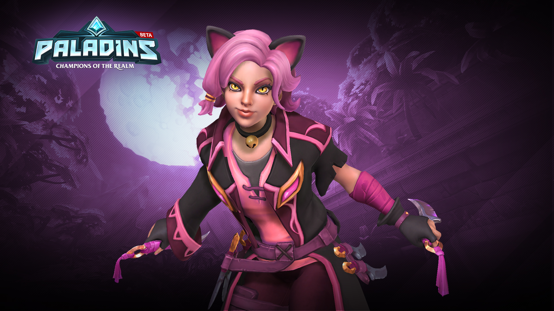 Free download wallpaper Weapon, Smile, Glove, Coat, Yellow Eyes, Belt, Necklace, Pink Hair, Dagger, Video Game, Short Hair, Animal Ears, Paladins (Video Game), Paladins, Maeve (Paladins) on your PC desktop