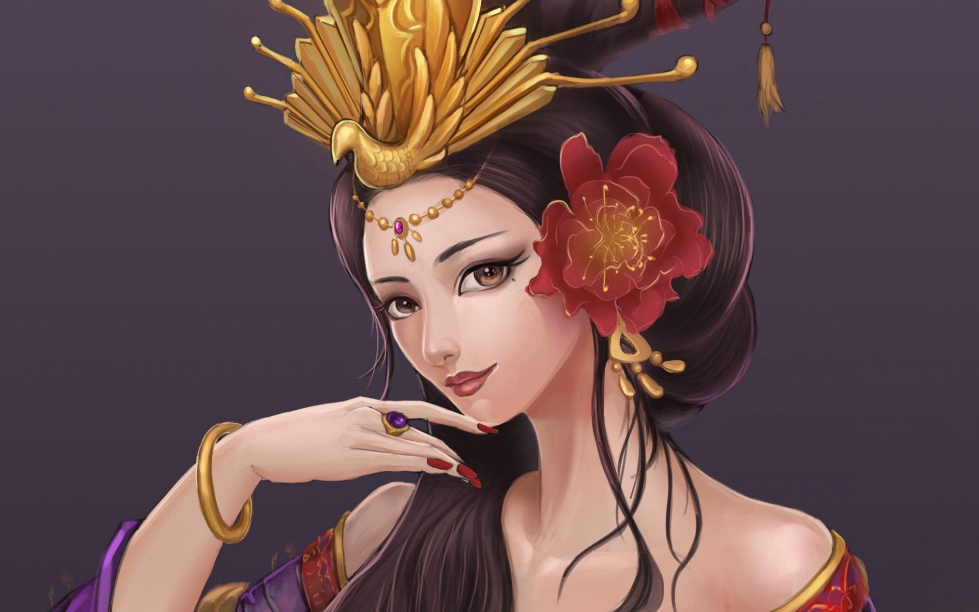 Free download wallpaper Fantasy, Flower, Geisha, Brown Eyes, Brown Hair on your PC desktop