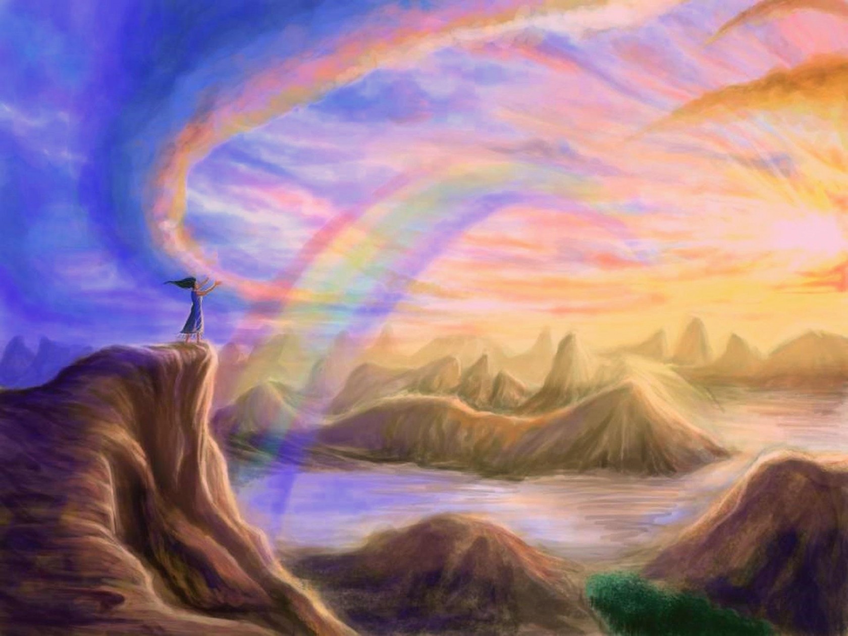 Download mobile wallpaper Landscape, Fantasy, Rainbow, Mountain for free.