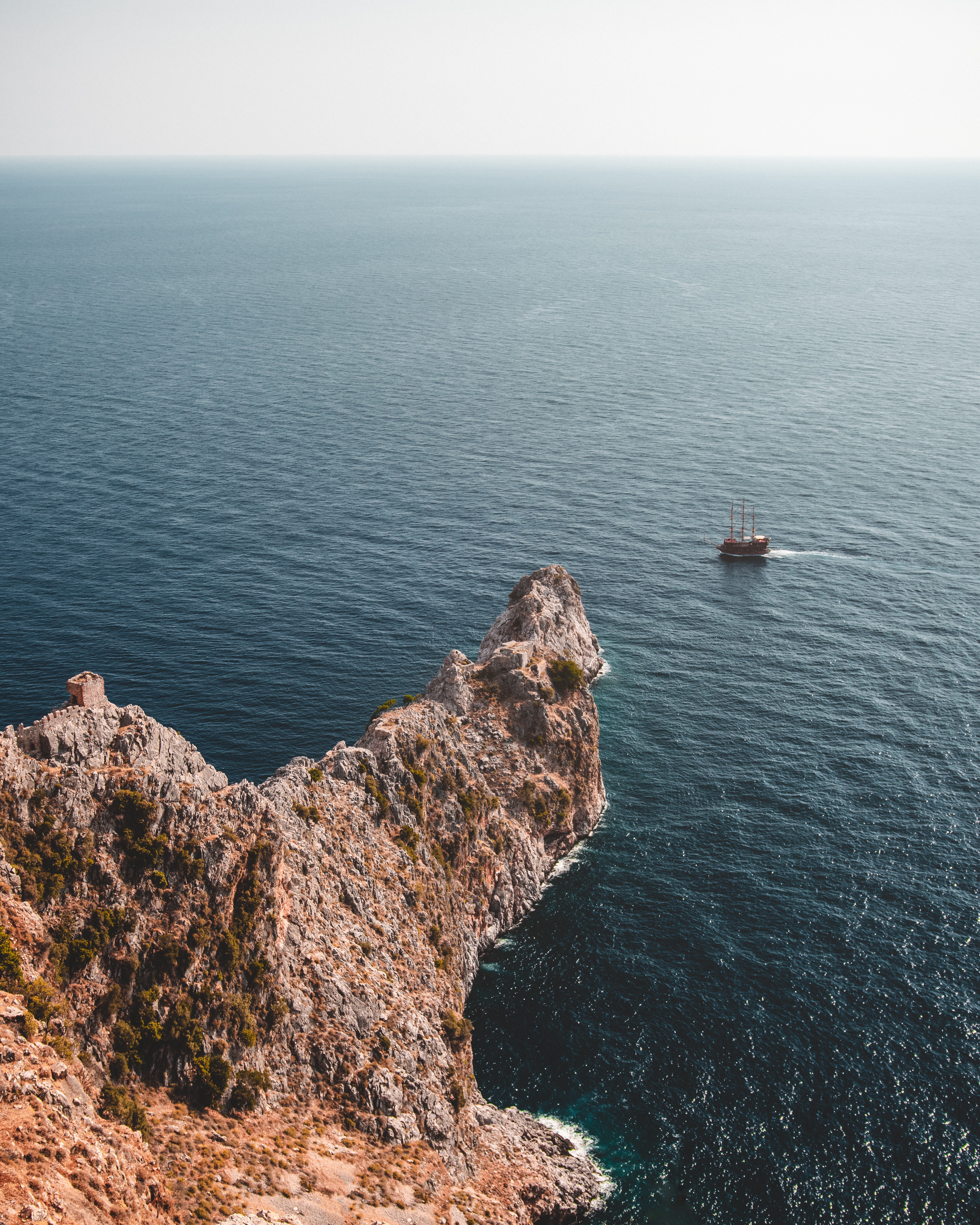 Free download wallpaper Water, Rock, Nature, Sea, View From Above, Ship on your PC desktop