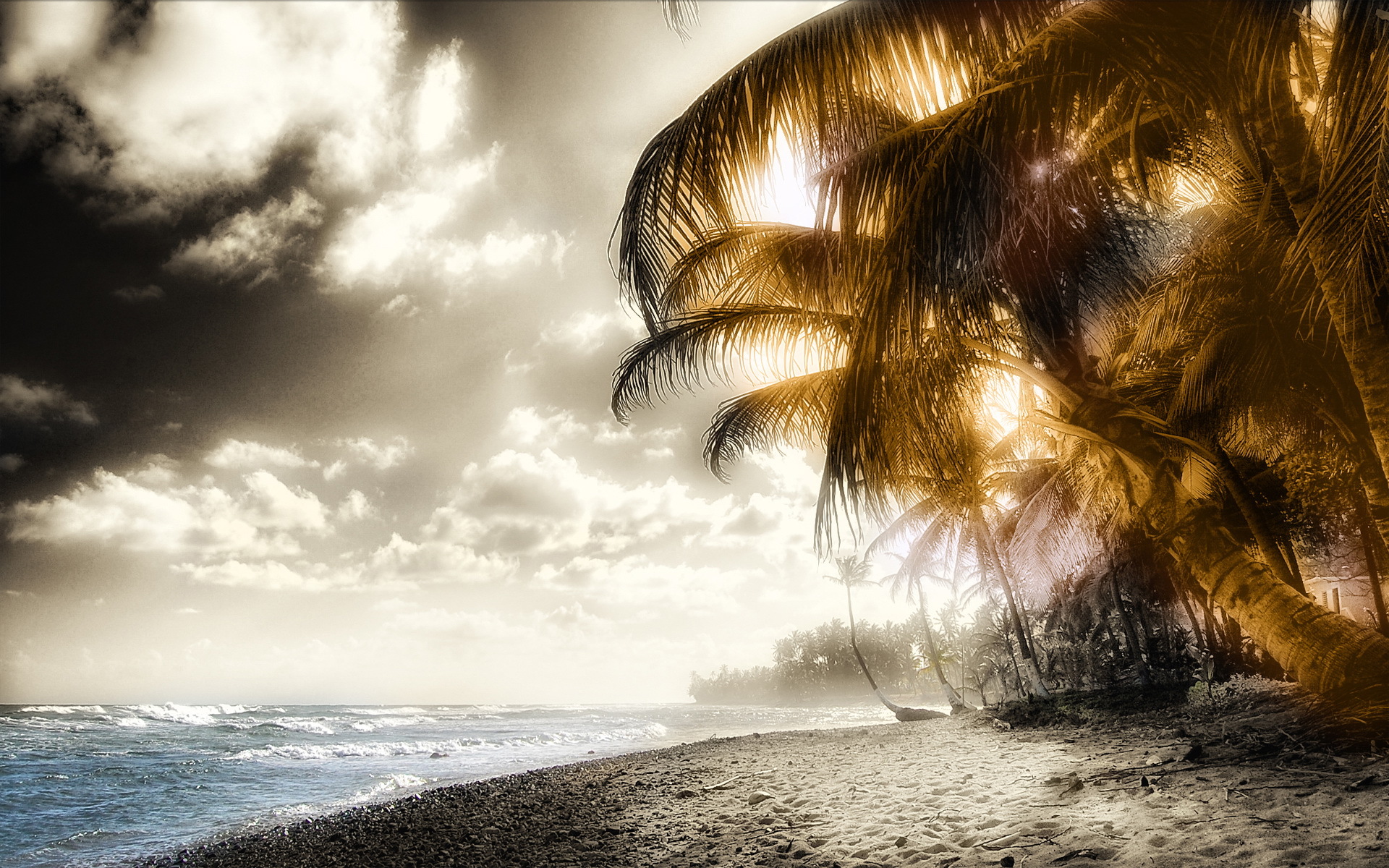 art photo, yellow, landscape, beach, palms wallpapers for tablet