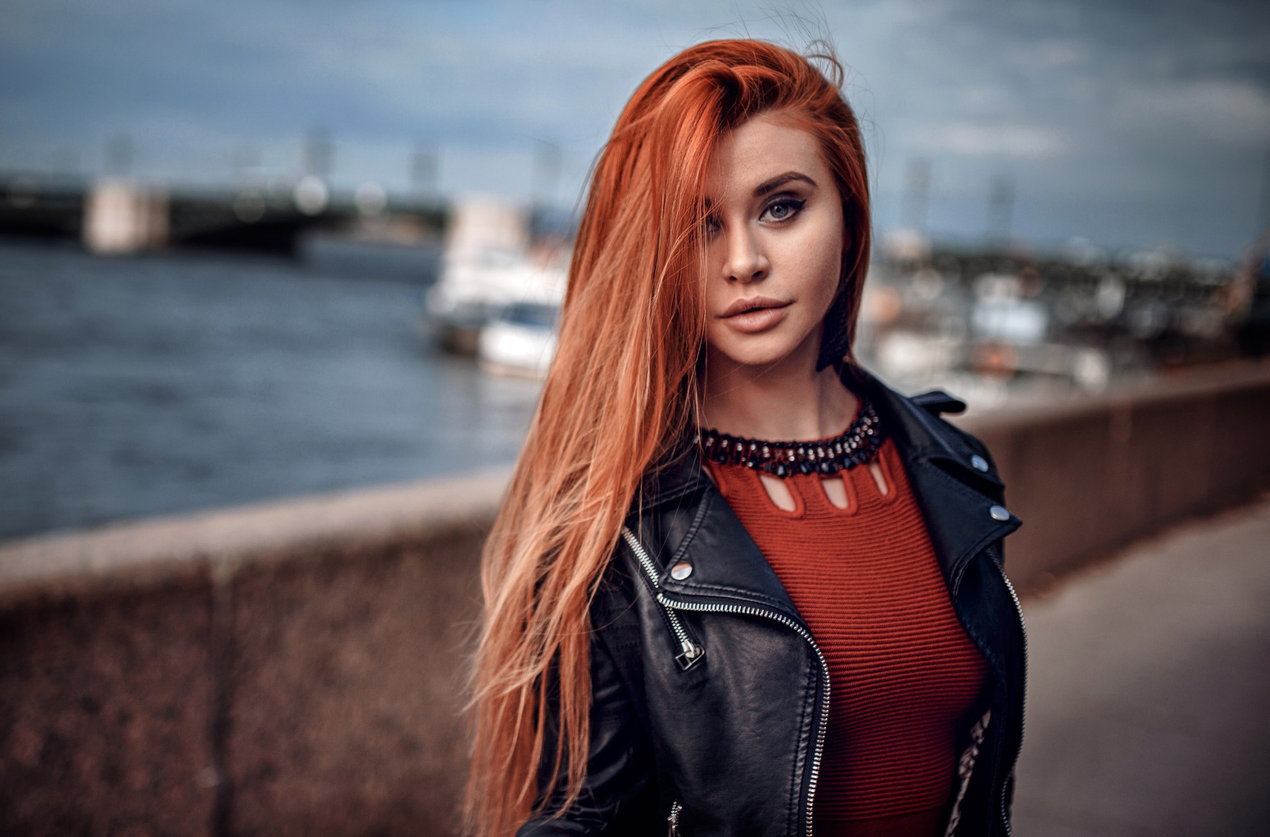 Download mobile wallpaper Redhead, Model, Women, Long Hair, Depth Of Field, Leather Jacket for free.