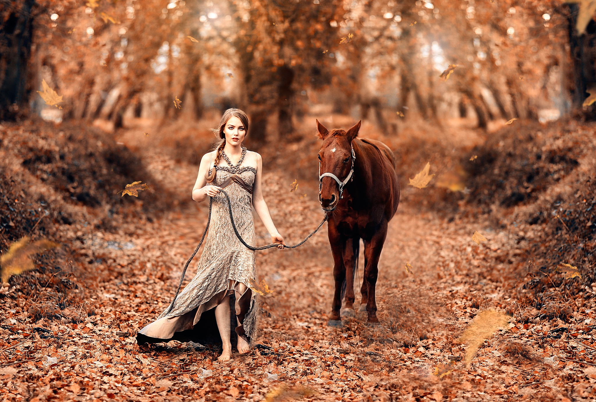 PCデスクトップに馬, 秋, 葉, ボケ, ドレス, ブルネット, モデル, 女性, 三つ編み画像を無料でダウンロード