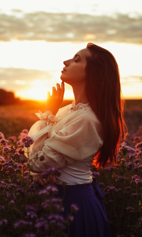 Download mobile wallpaper Sunset, Mood, Model, Women, Purple Flower for free.