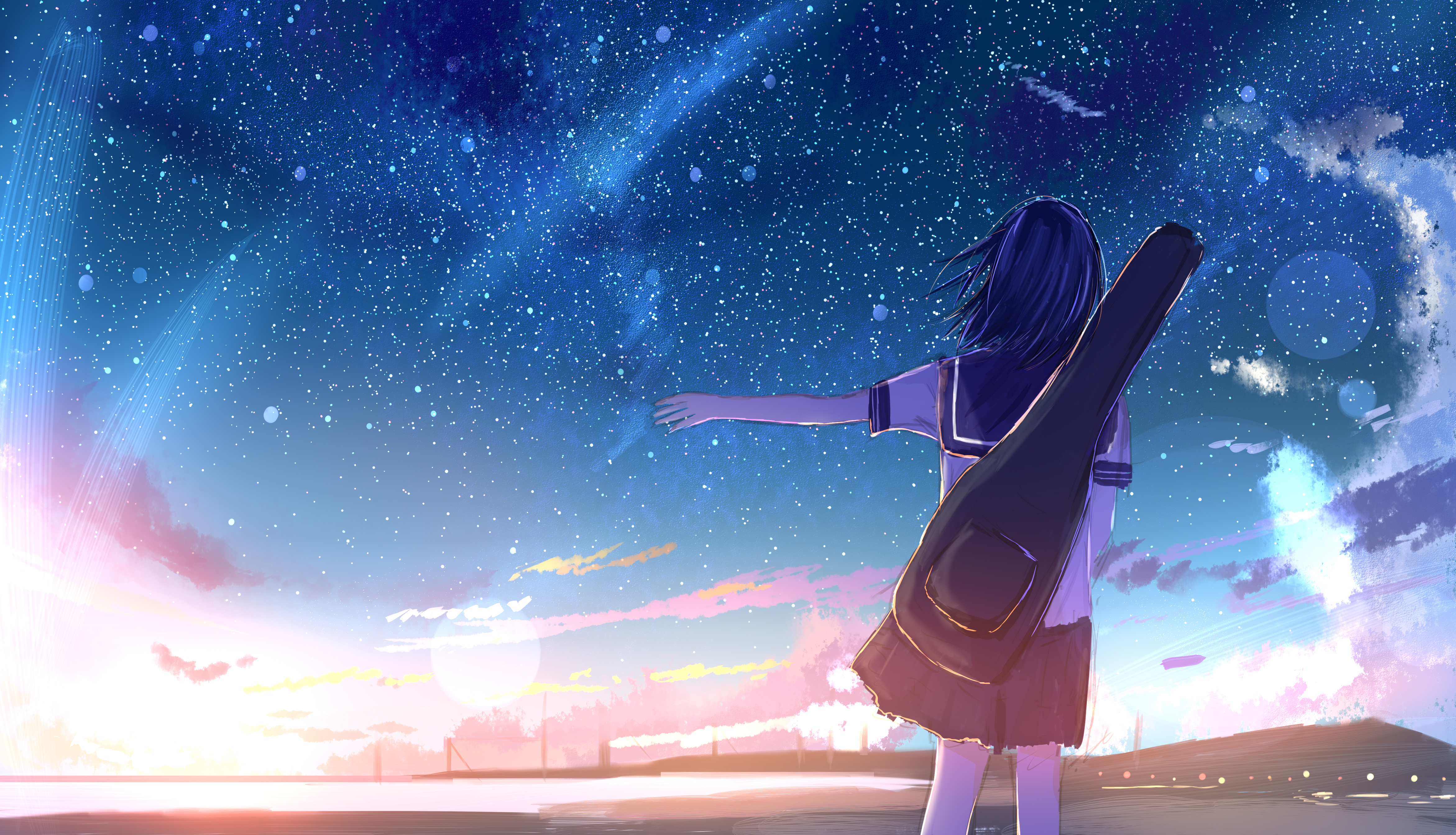 Download mobile wallpaper Anime, Sunset, Stars, Bag, Original, Blue Hair, Short Hair for free.