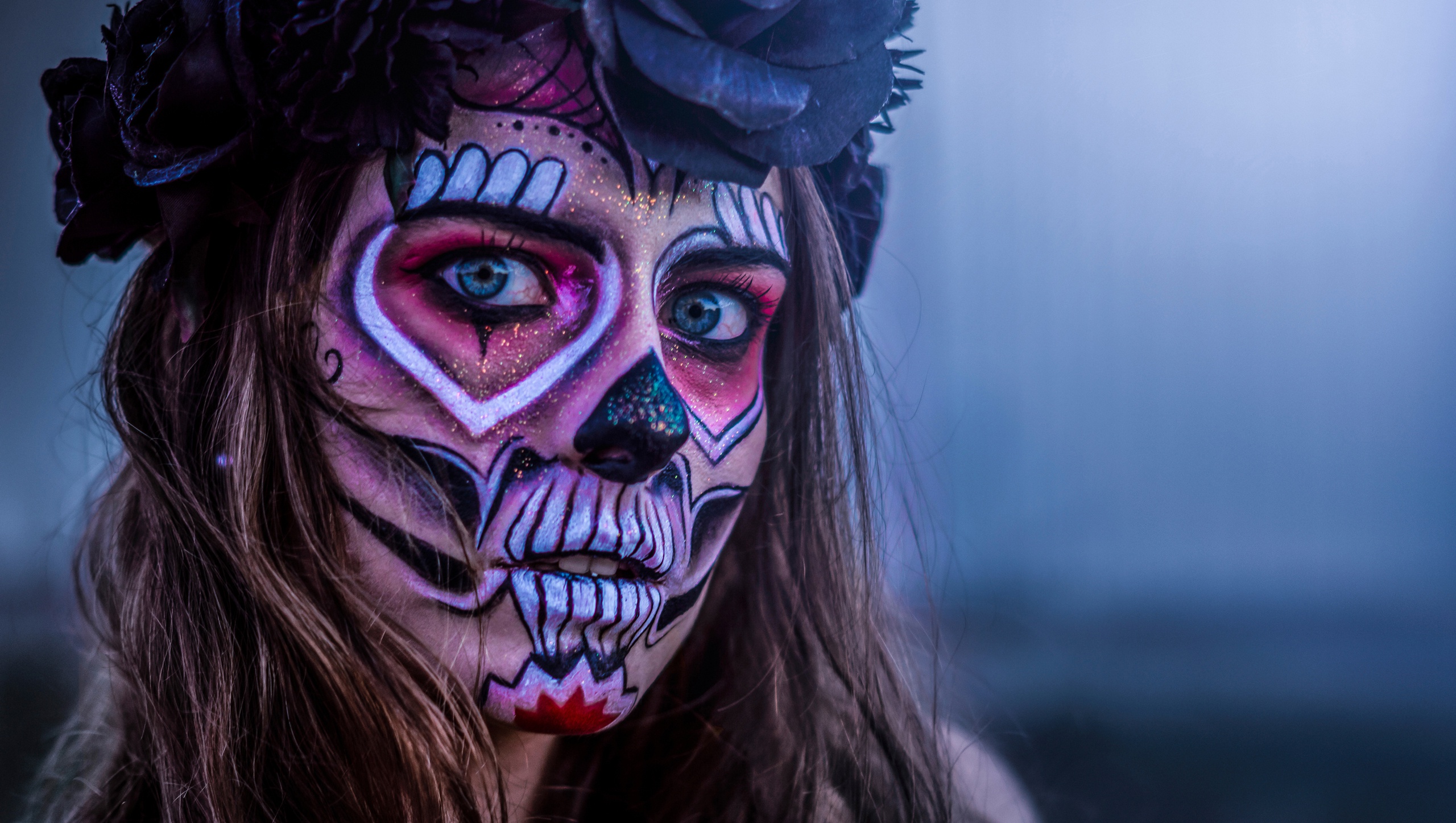 Free download wallpaper Artistic, Face, Blue Eyes, Sugar Skull, Day Of The Dead on your PC desktop