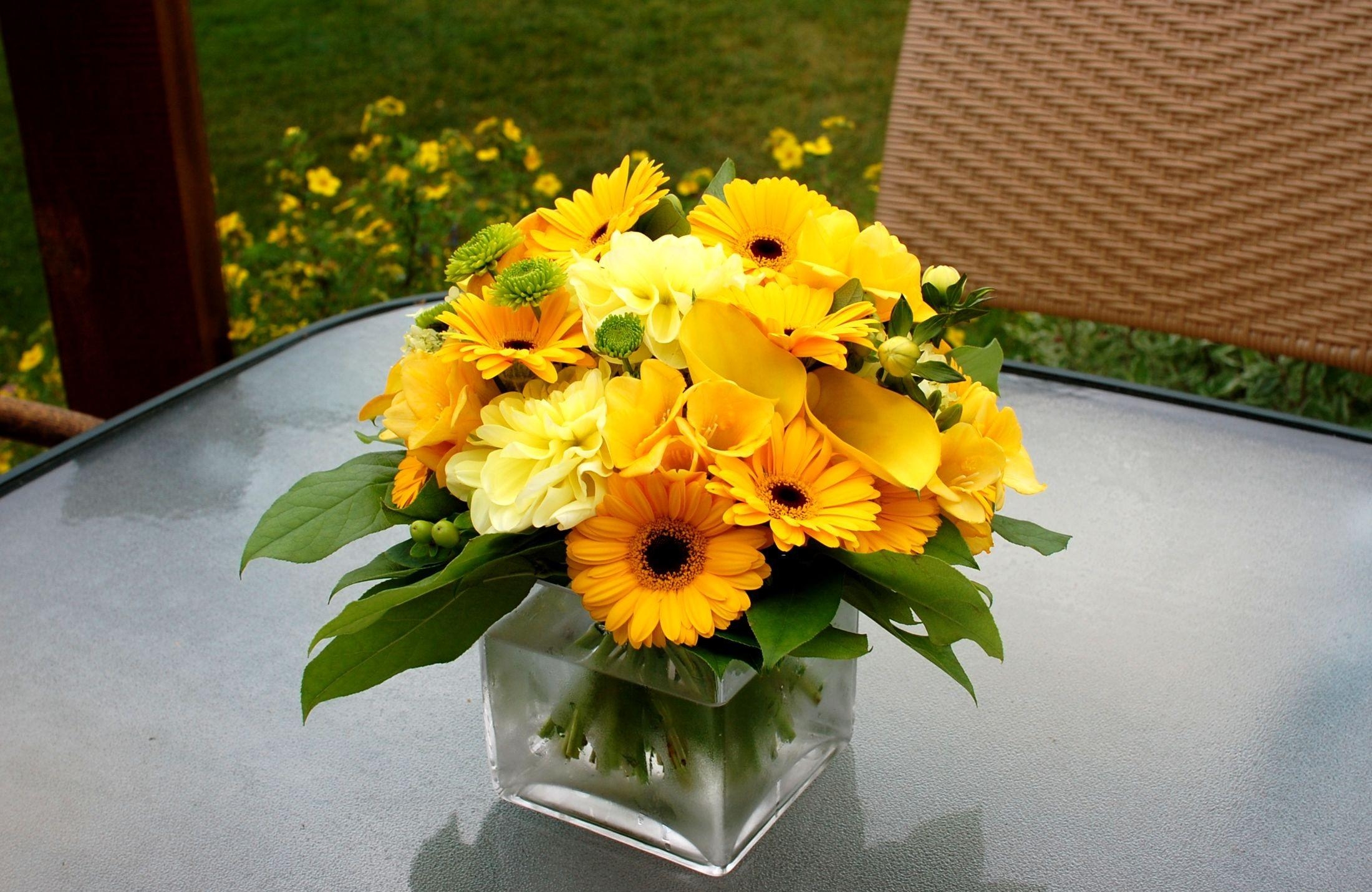 gerberas, flowers, yellow, bouquet, calla, composition, callas