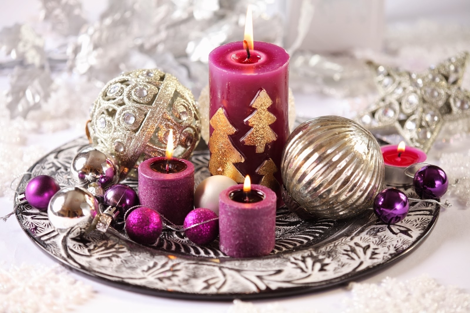 Free download wallpaper Christmas, Holiday, Purple, Decoration, Candle, Silver, Bauble on your PC desktop
