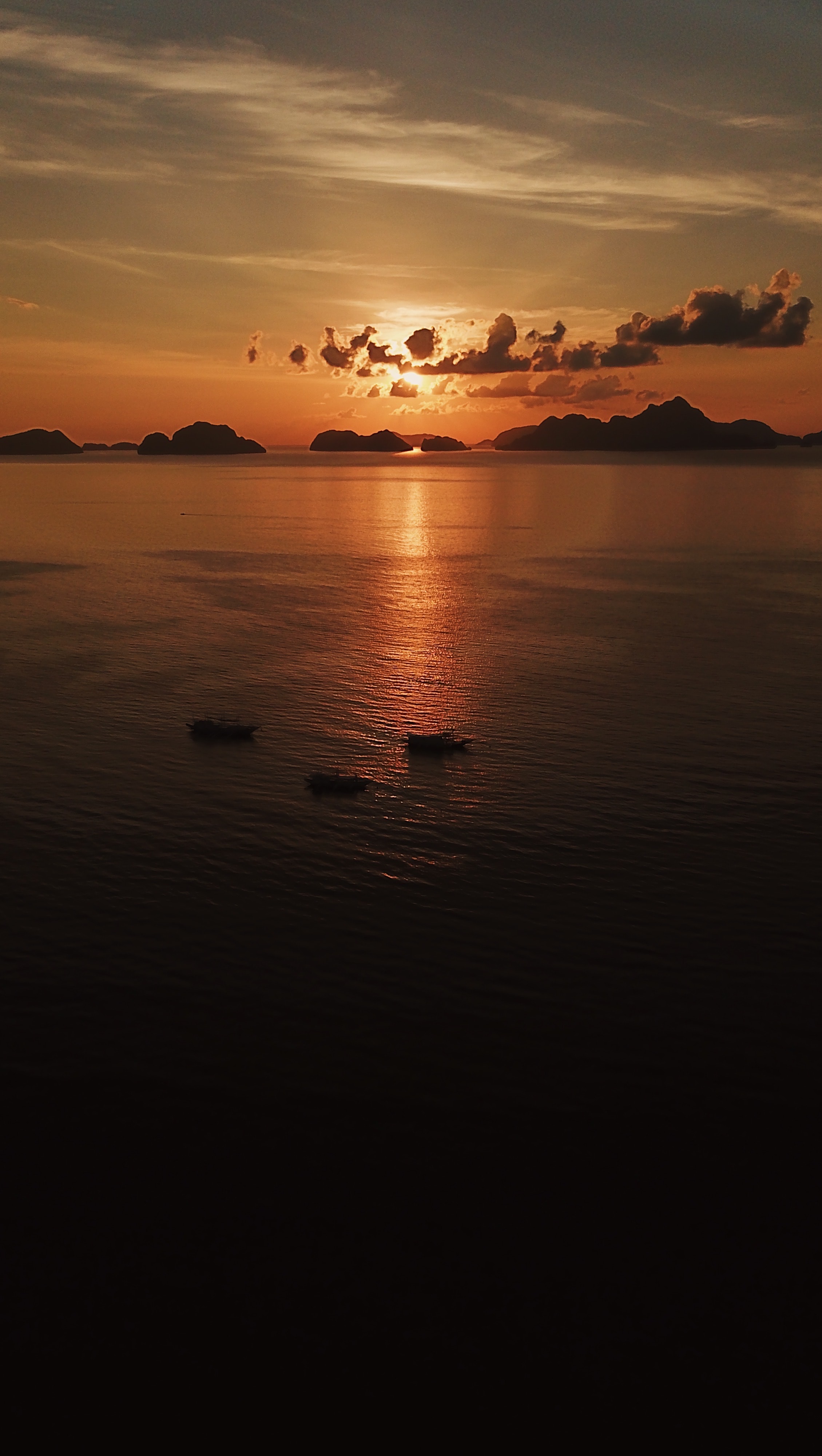 dark, boats, sunset, sea, twilight, view from above, dusk
