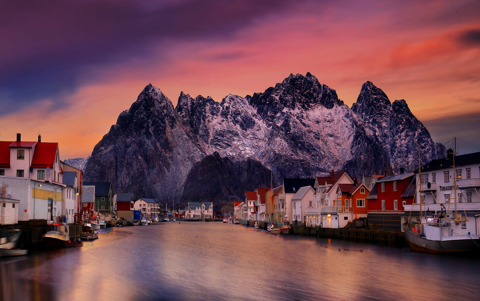 Free download wallpaper Sunset, Mountain, House, Village, Boat, Norway, Photography, Lofoten, Lofoten Islands on your PC desktop