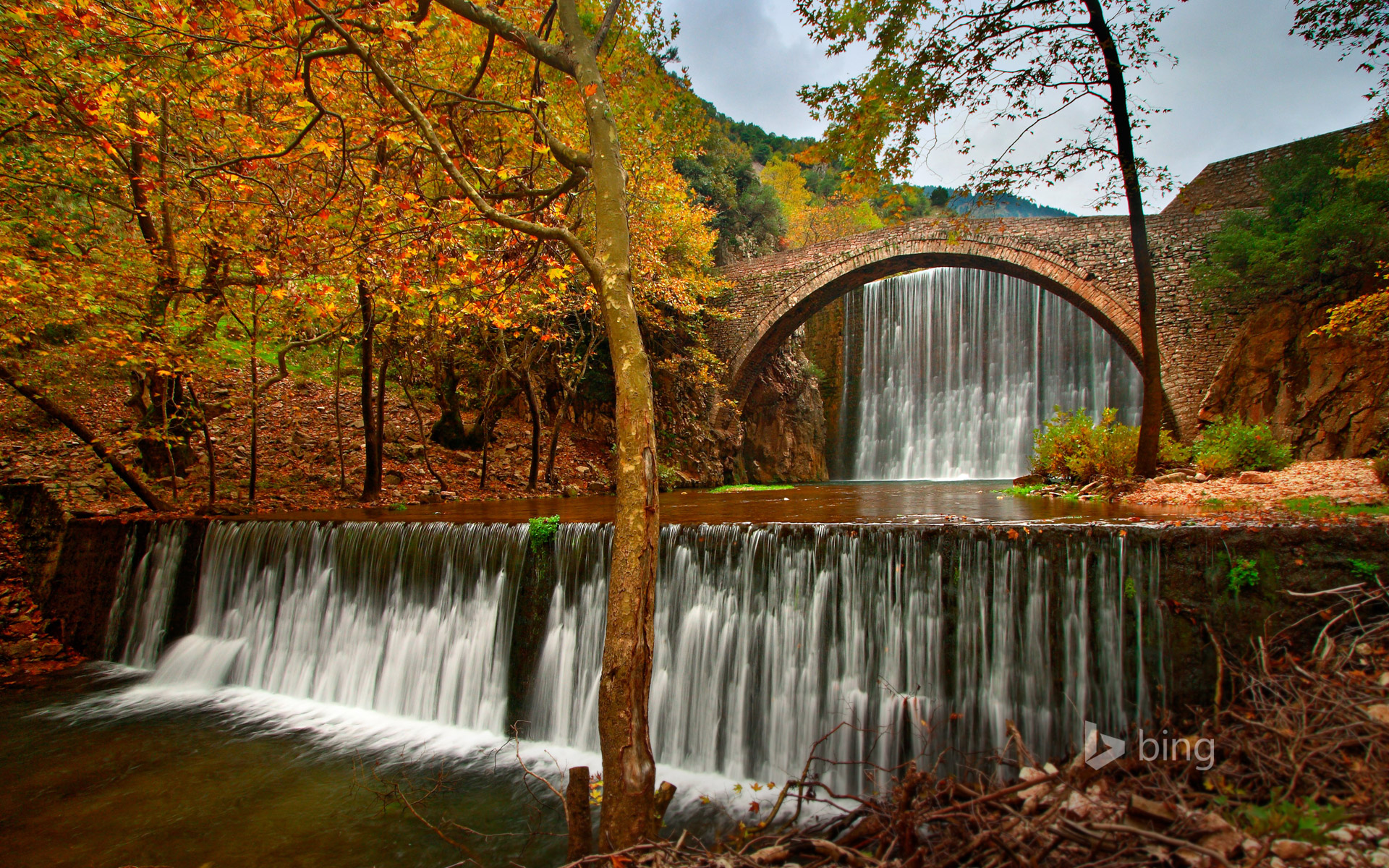 Download mobile wallpaper River, Bridge, Waterfall, Waterfalls, Earth for free.