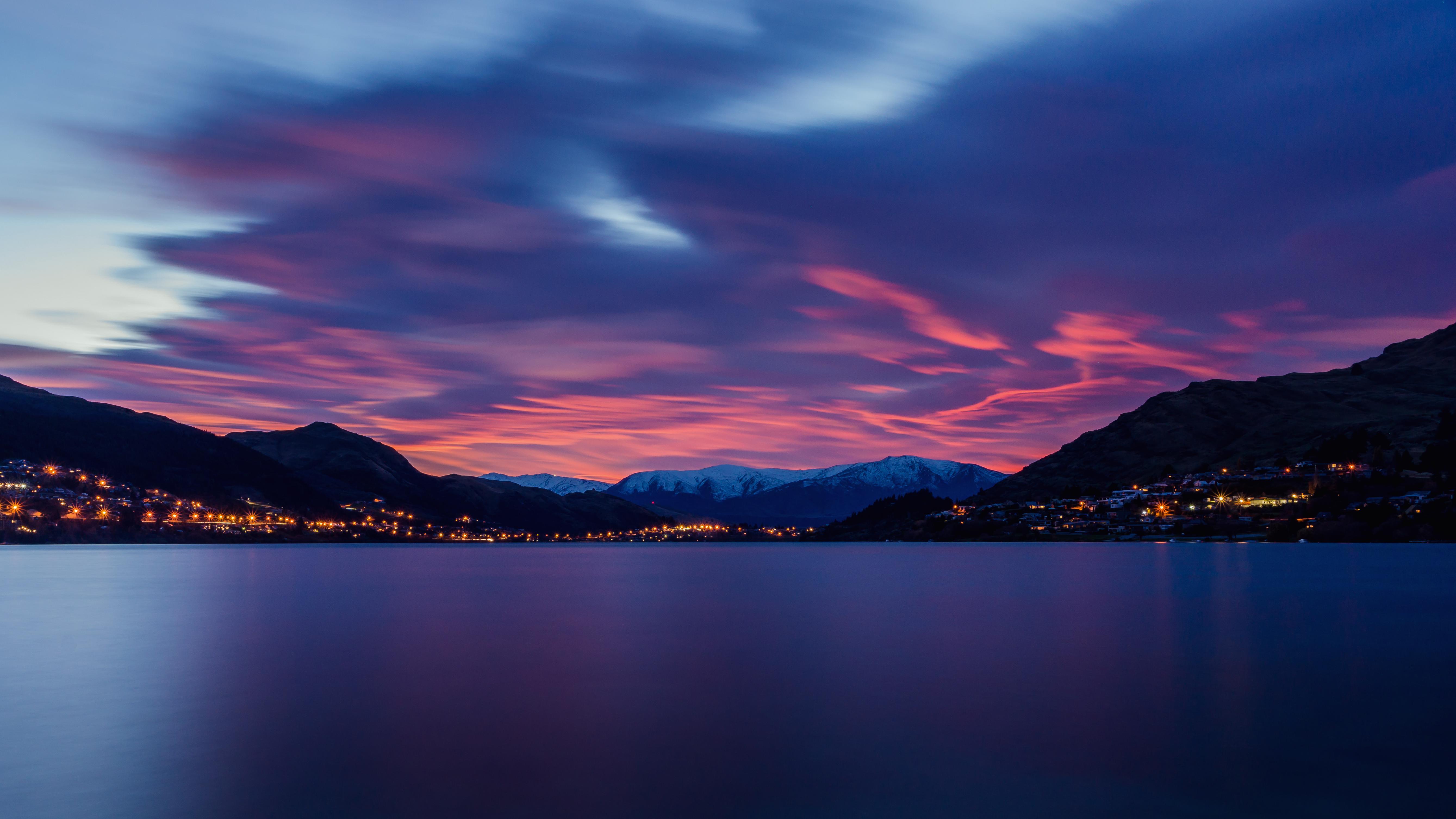 landscape, nature, mountains, dawn, horizon, lake desktop HD wallpaper