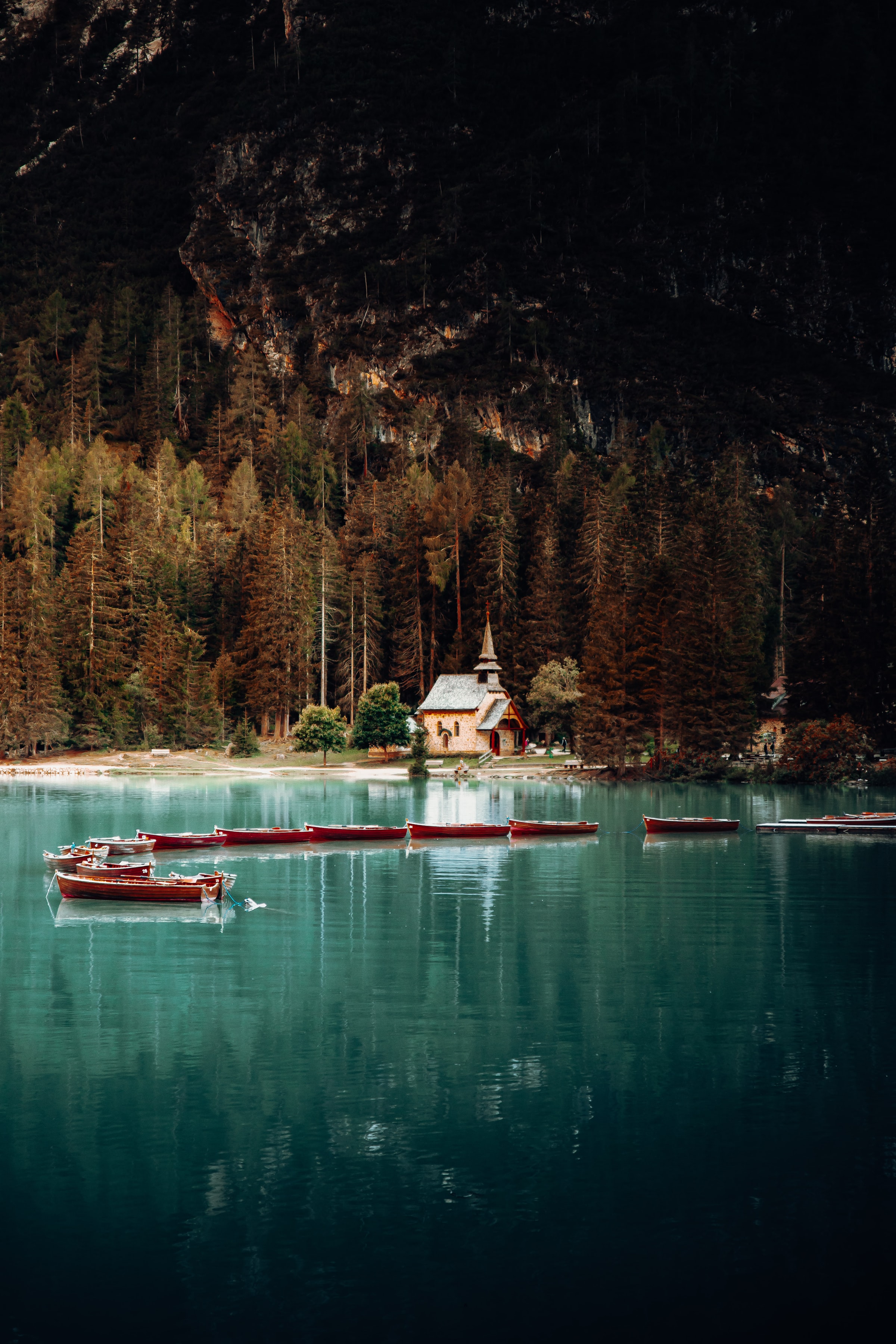 Download background landscape, lake, nature, boats, building, forest