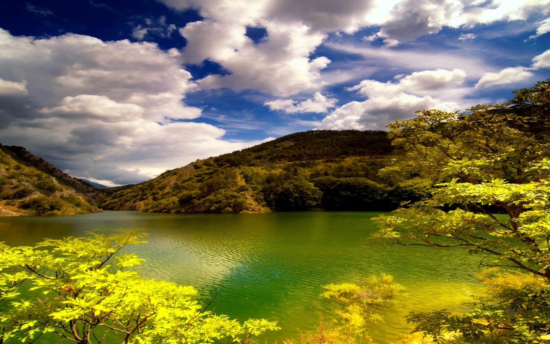 Free download wallpaper Landscape, Trees, Clouds, Lakes on your PC desktop