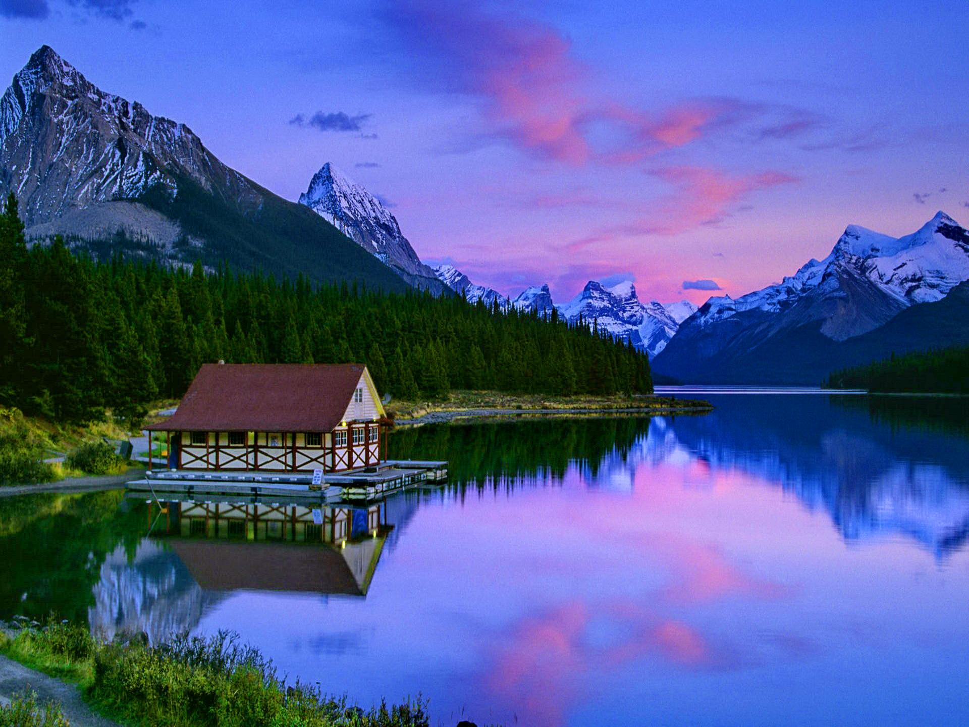man made, cabin, forest, lake, mountain, pine, reflection, sunset, tree HD wallpaper