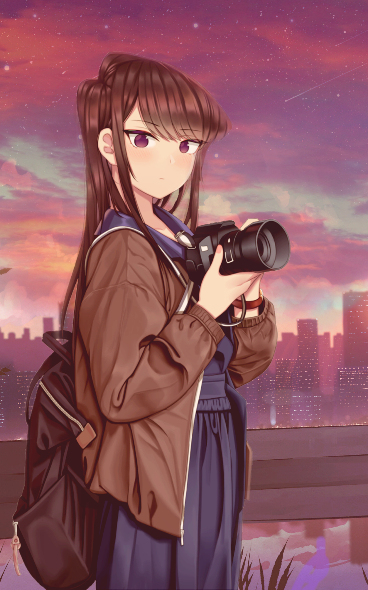 anime, komi can't communicate, purple eyes, camera, backpack 4K Ultra