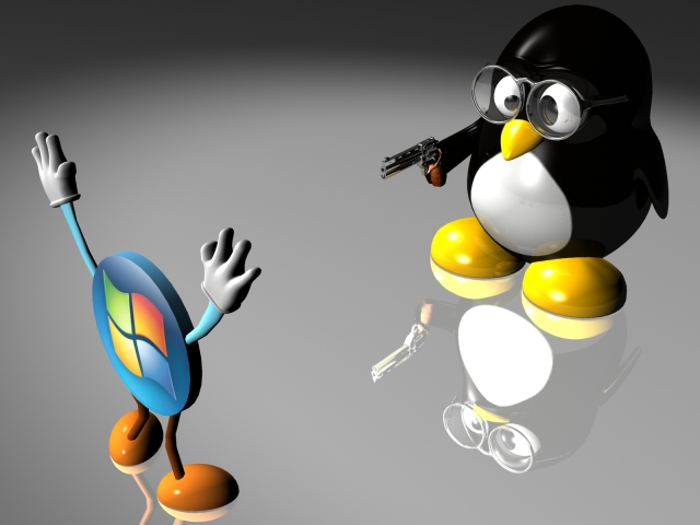 無料モバイル壁紙ペンギン, ウィンドウズ, テクノロジー, Linux, 銃, ユーモアをダウンロードします。