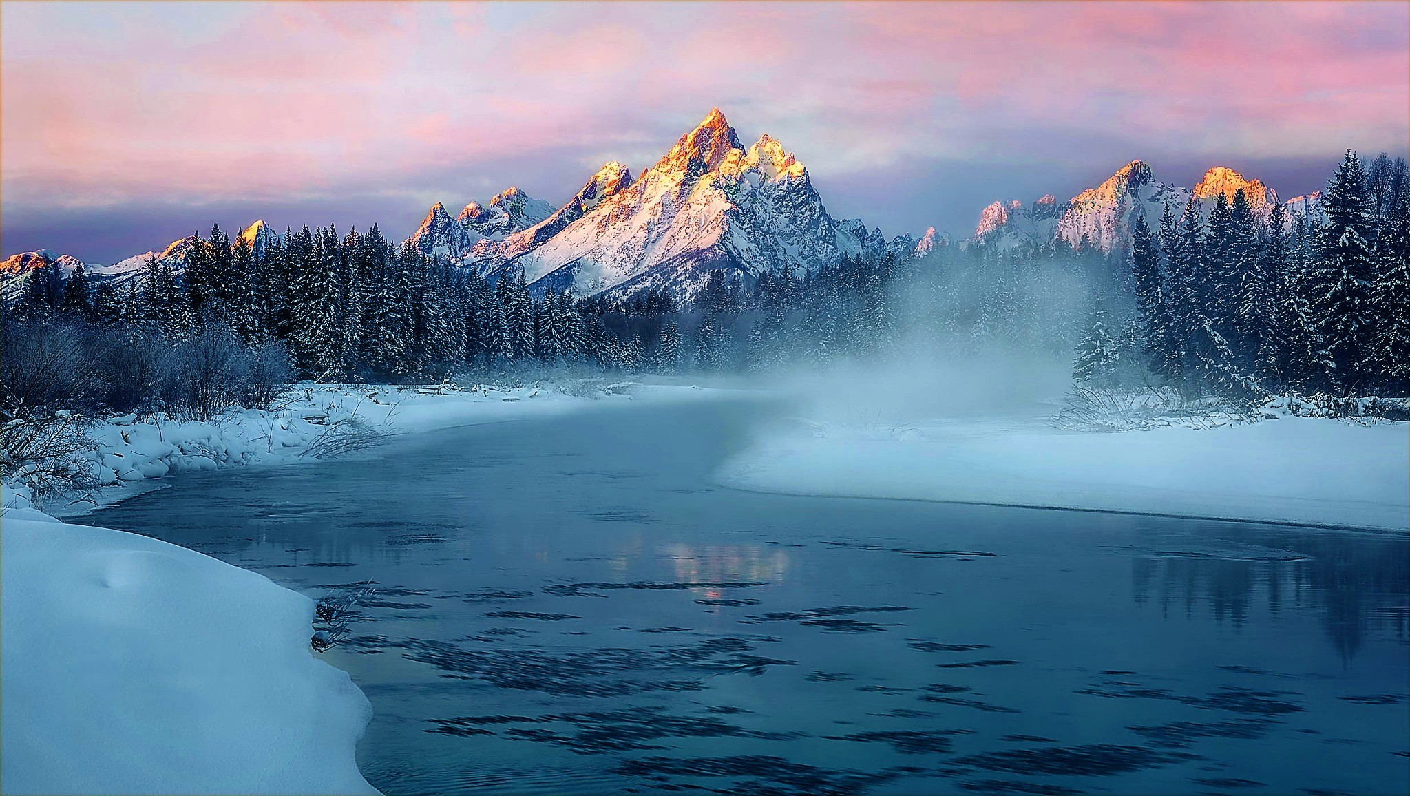 Free download wallpaper Winter, Snow, Mountain, Forest, Earth, River on your PC desktop