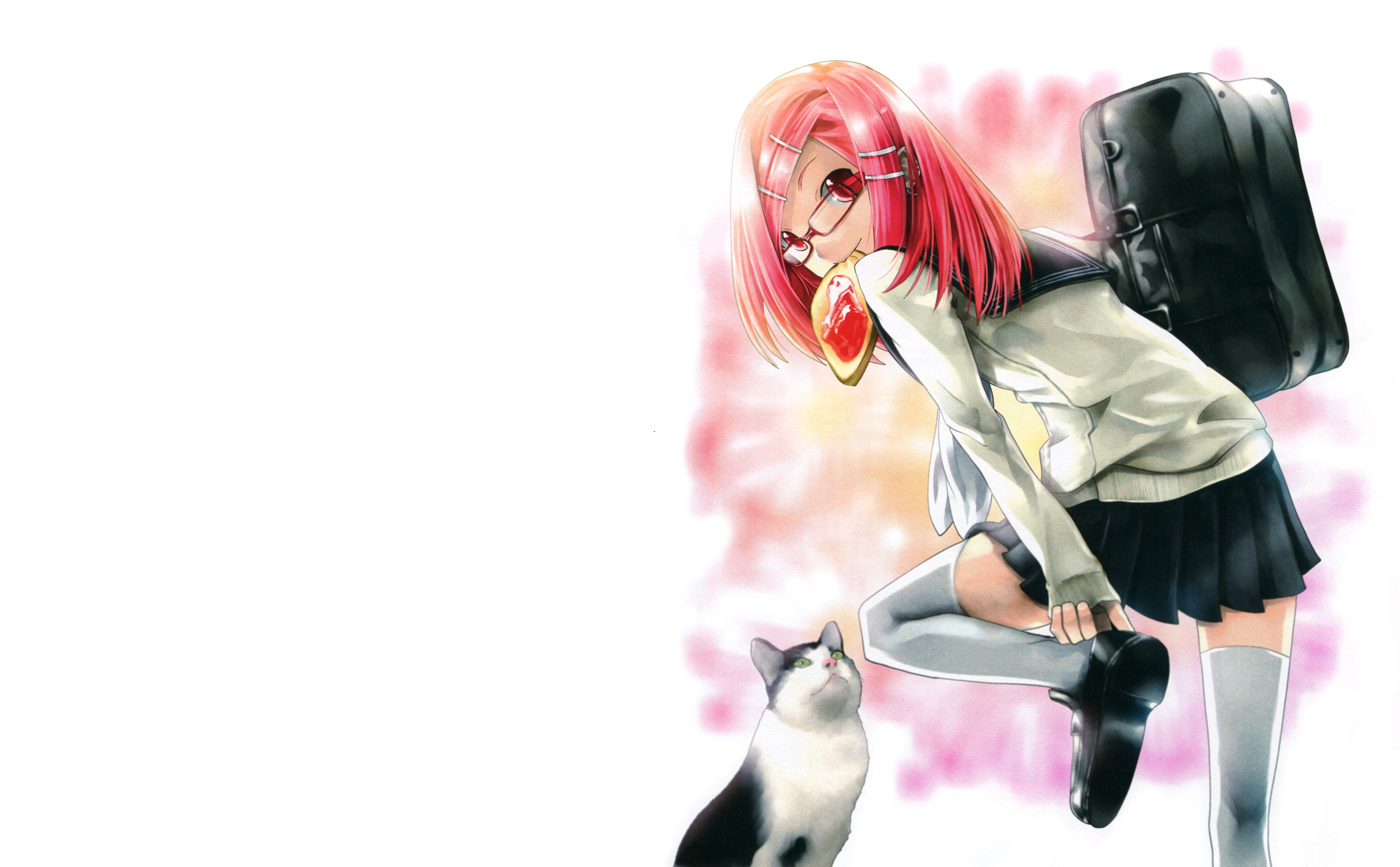 Free download wallpaper Anime, Cat, Smile, Bag, Glasses, Original, Pink Hair, Red Eyes, Short Hair on your PC desktop