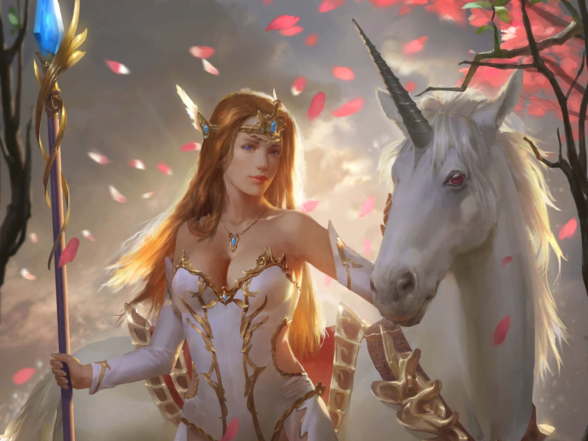 Download mobile wallpaper Fantasy, Unicorn, Women, Staff for free.