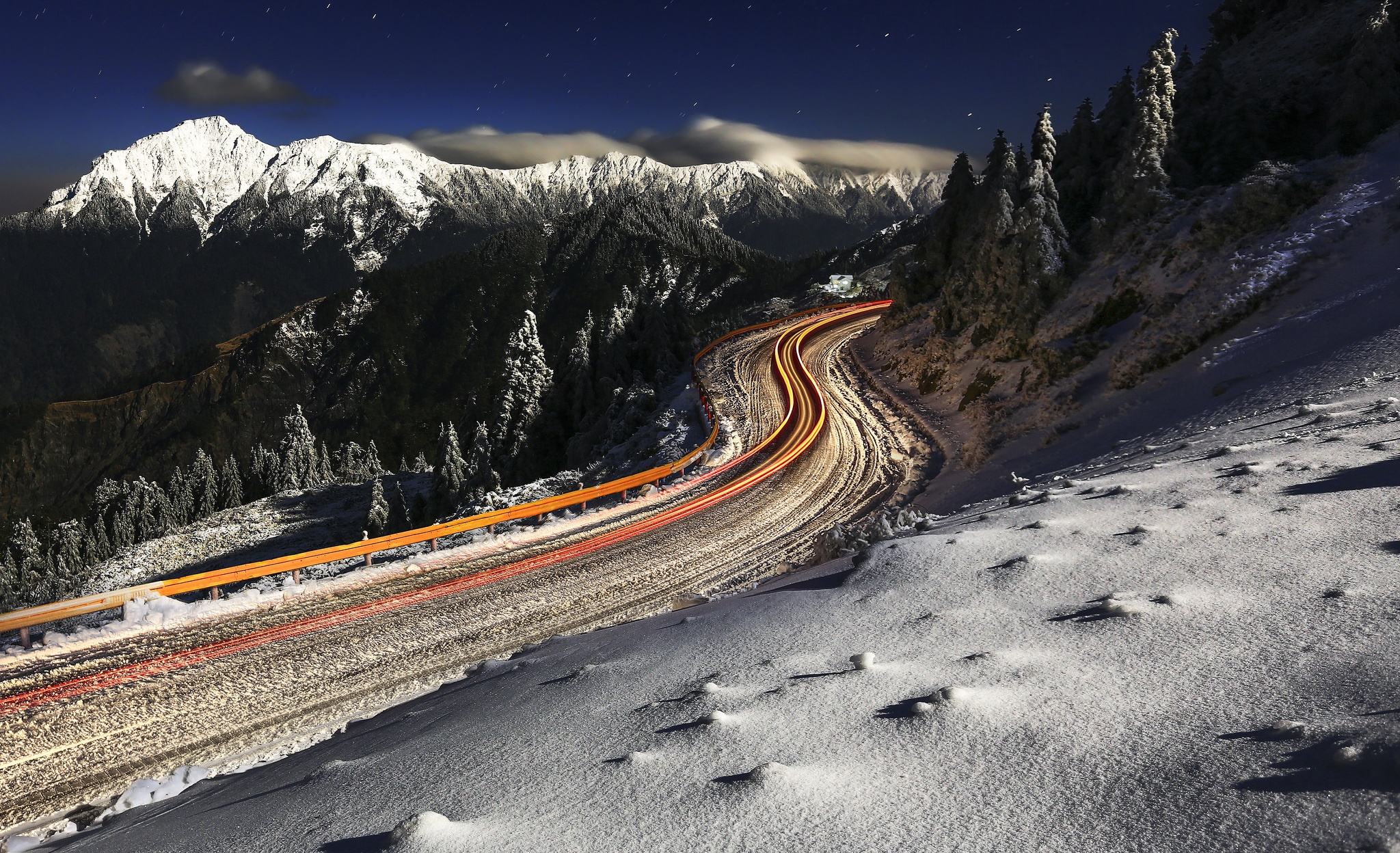 Download mobile wallpaper Winter, Nature, Night, Snow, Mountain, Road, Photography, Time Lapse for free.
