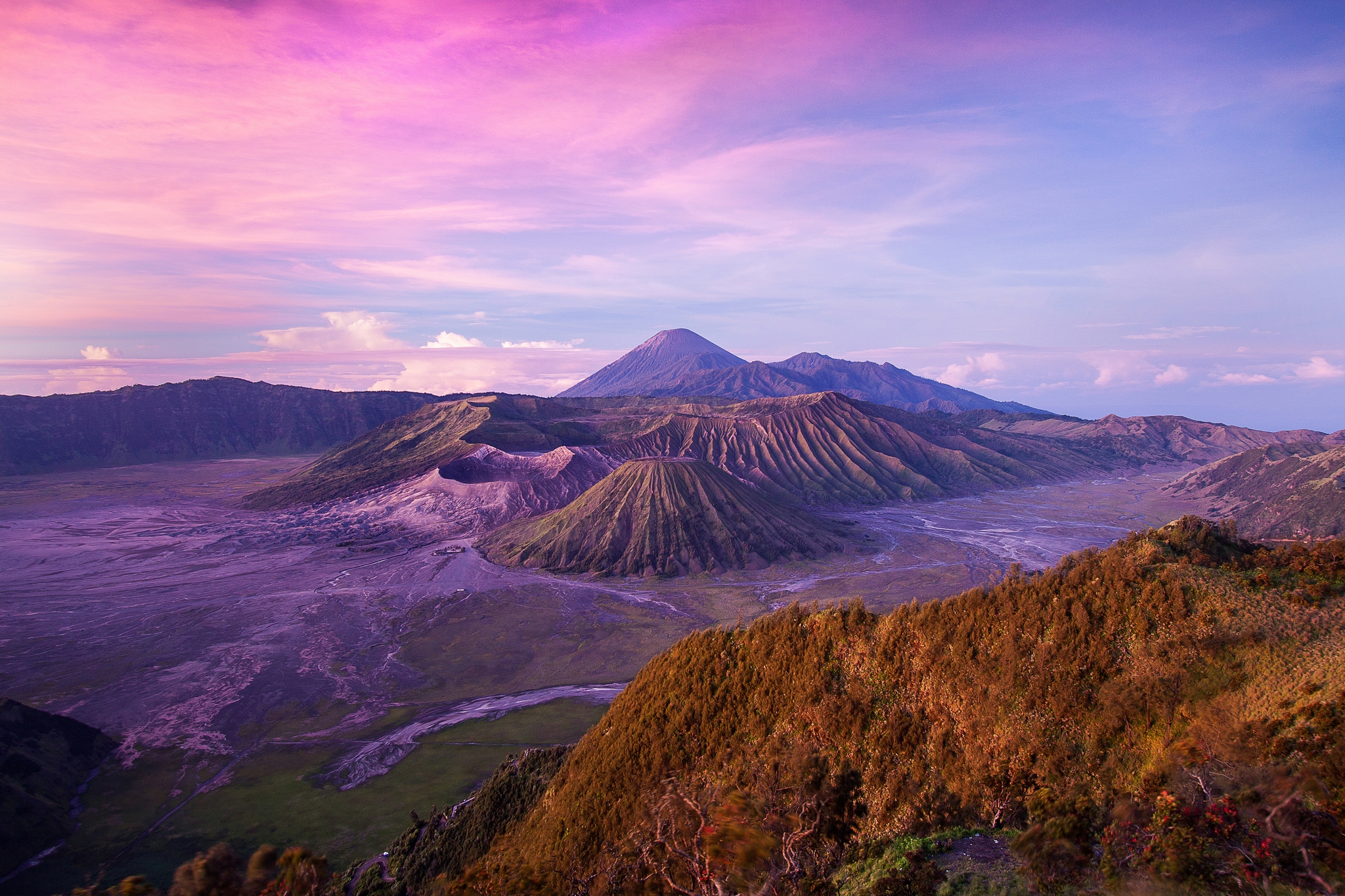 hills, java, indonesia, bromo, volcano, nature, sky, pink, clouds, blue, height, island