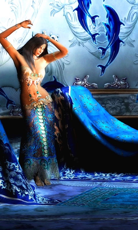 Download mobile wallpaper Fantasy, Room, Vase, Dolphin, Women for free.