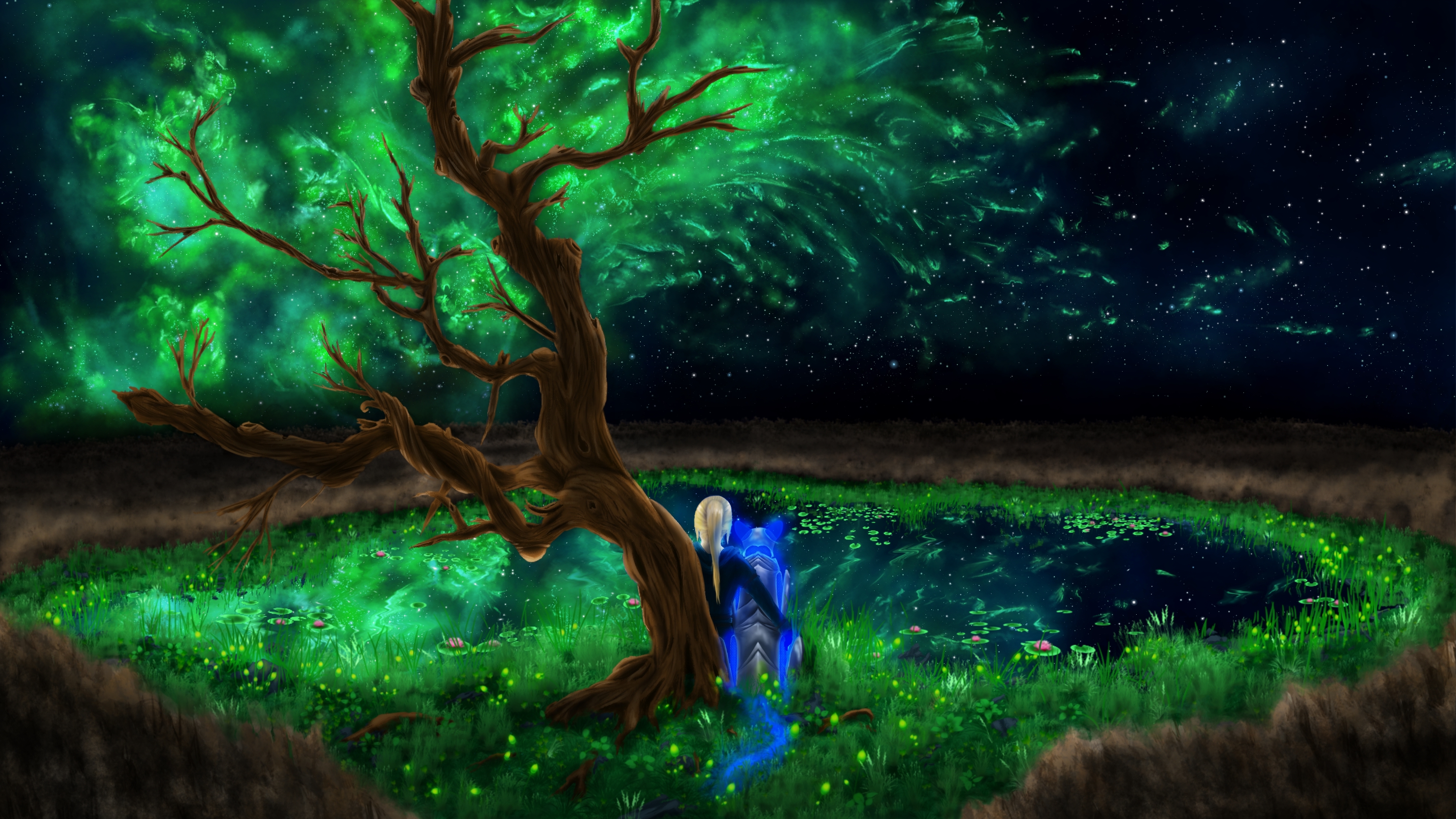 Free download wallpaper Anime, Nature, Stars, Tree, Robot, Pond, Original on your PC desktop