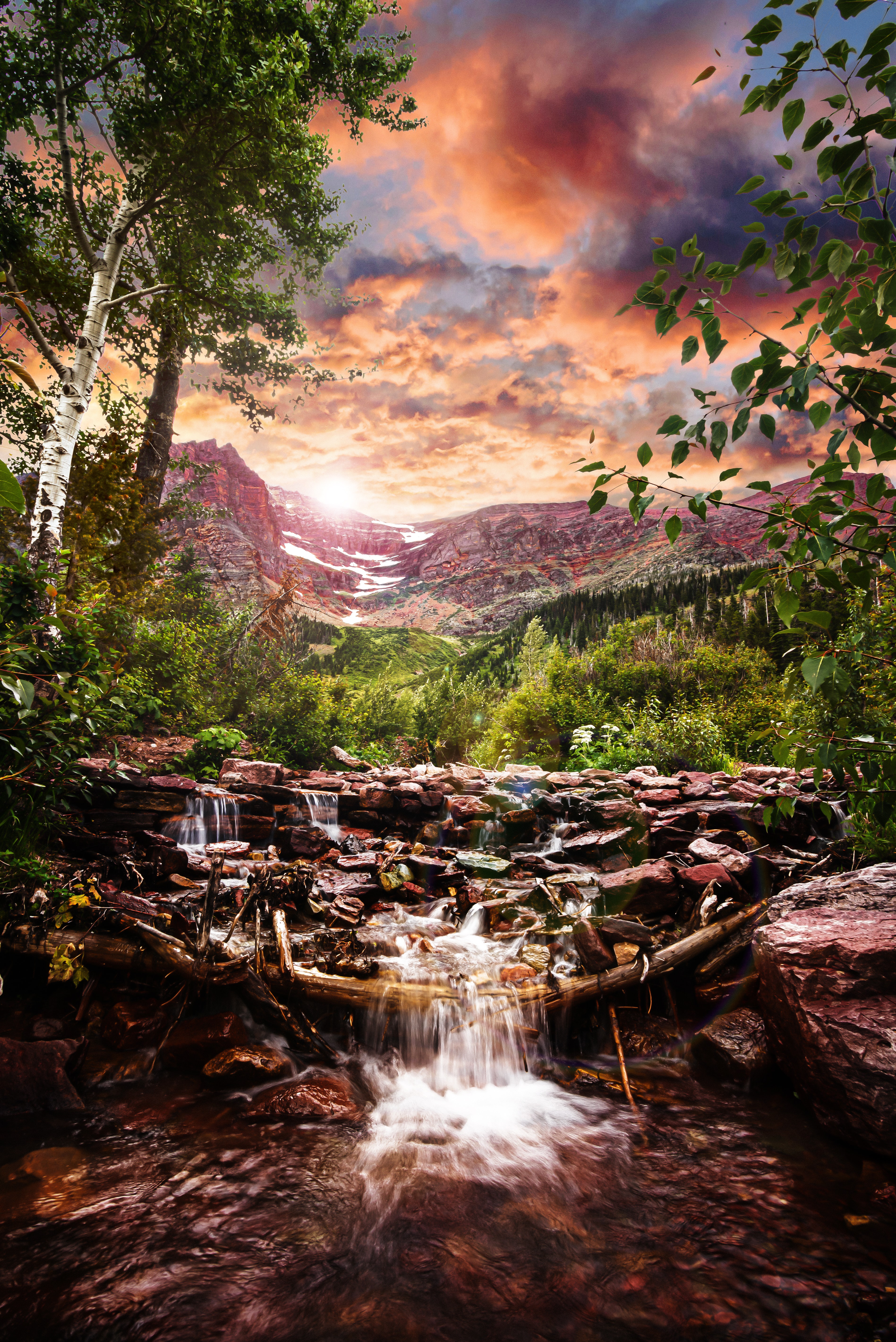 trees, landscape, nature, sunset, mountains, creek, brook cell phone wallpapers