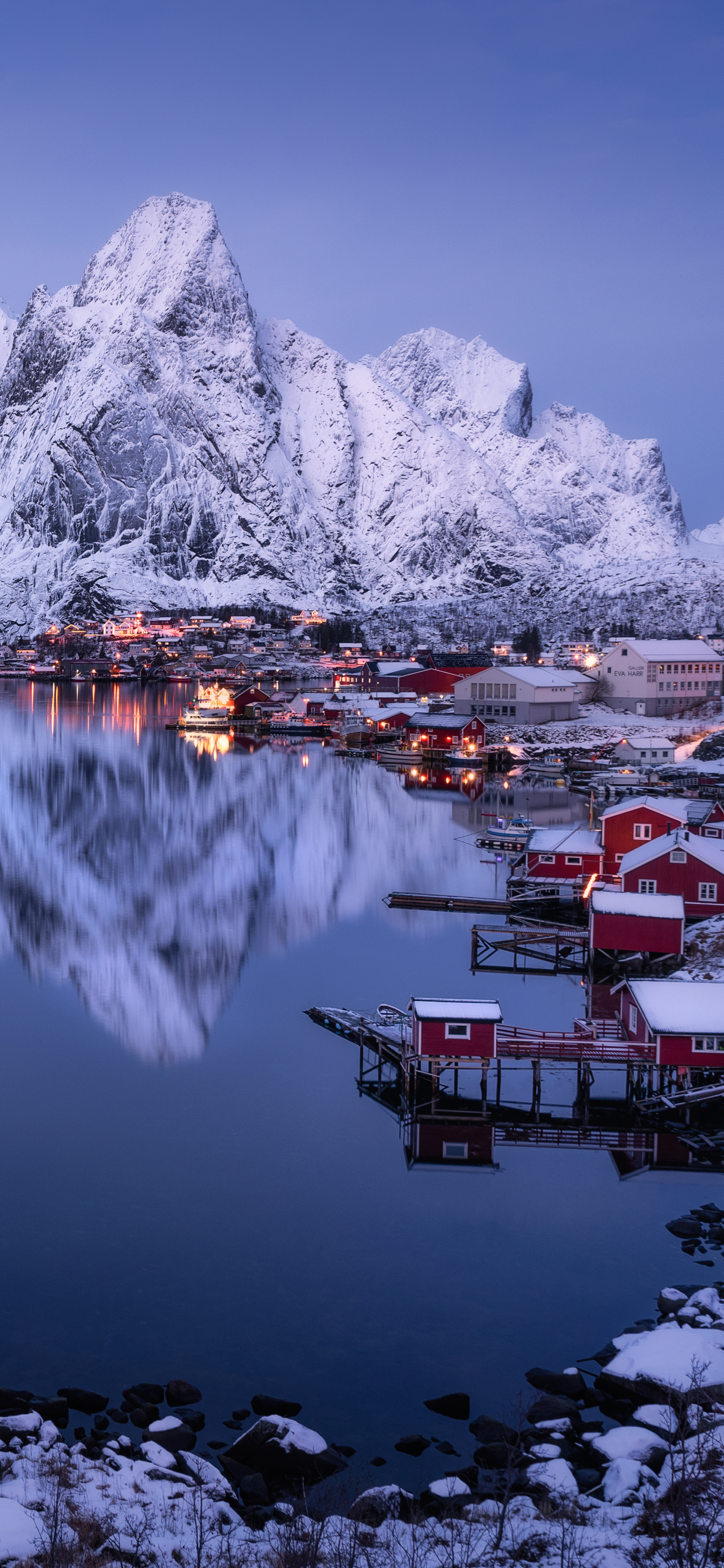 Download mobile wallpaper Mountain, Reflection, Village, Norway, Photography, Lofoten, Lofoten Islands, Fjord for free.
